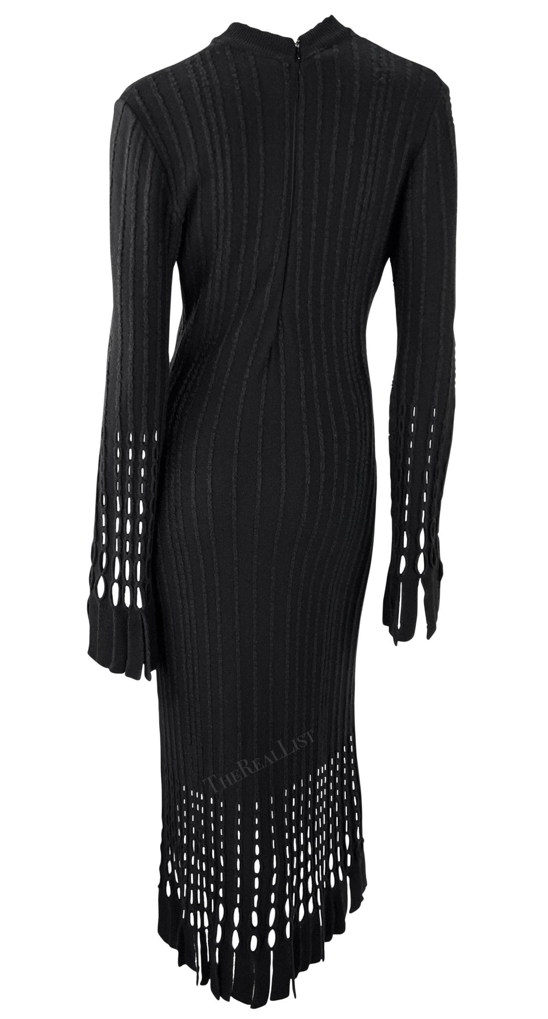F/W 1993 Azzedine Alaïa Black Eyelet Fringe Knit Bodycon Full - Length Dress - RealList