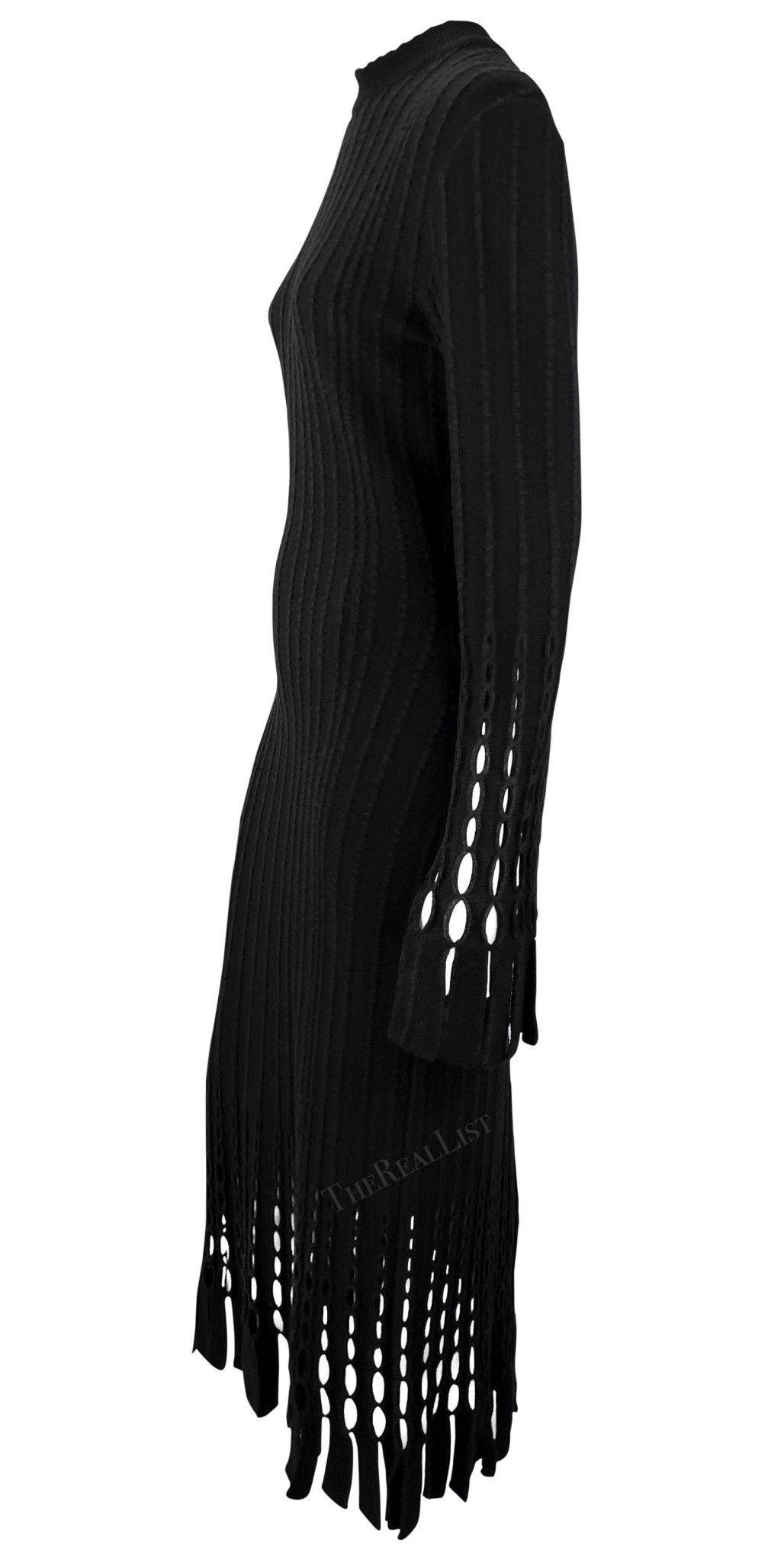 F/W 1993 Azzedine Alaïa Black Eyelet Fringe Knit Bodycon Full - Length Dress - RealList