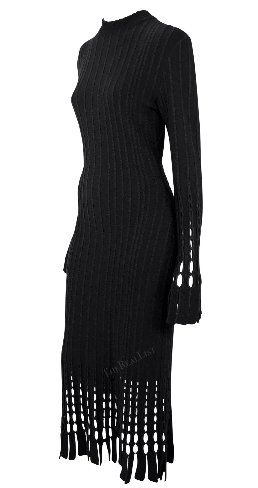 F/W 1993 Azzedine Alaïa Black Eyelet Fringe Knit Bodycon Full - Length Dress - RealList