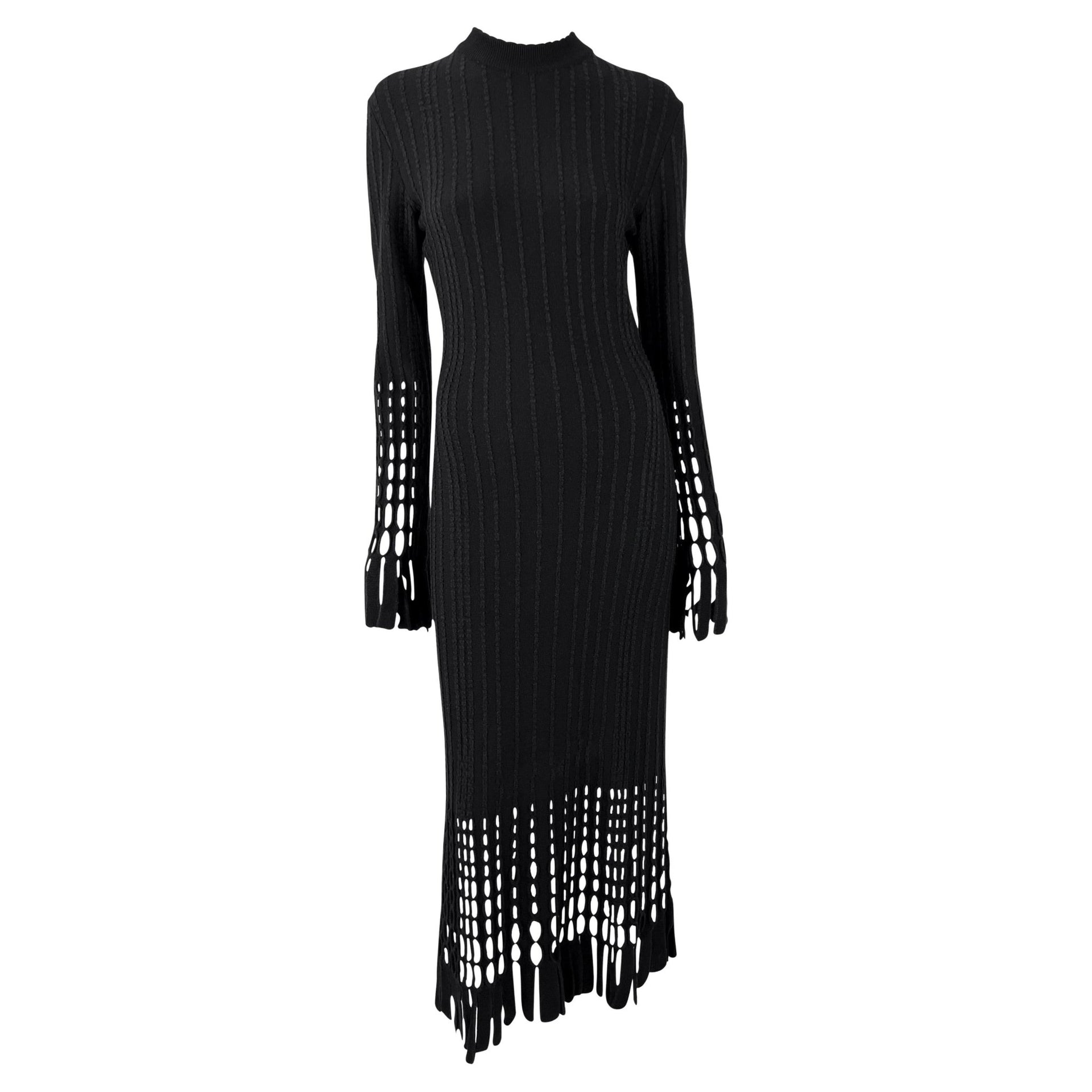 F/W 1993 Azzedine Alaïa Black Eyelet Fringe Knit Bodycon Full - Length Dress - RealList