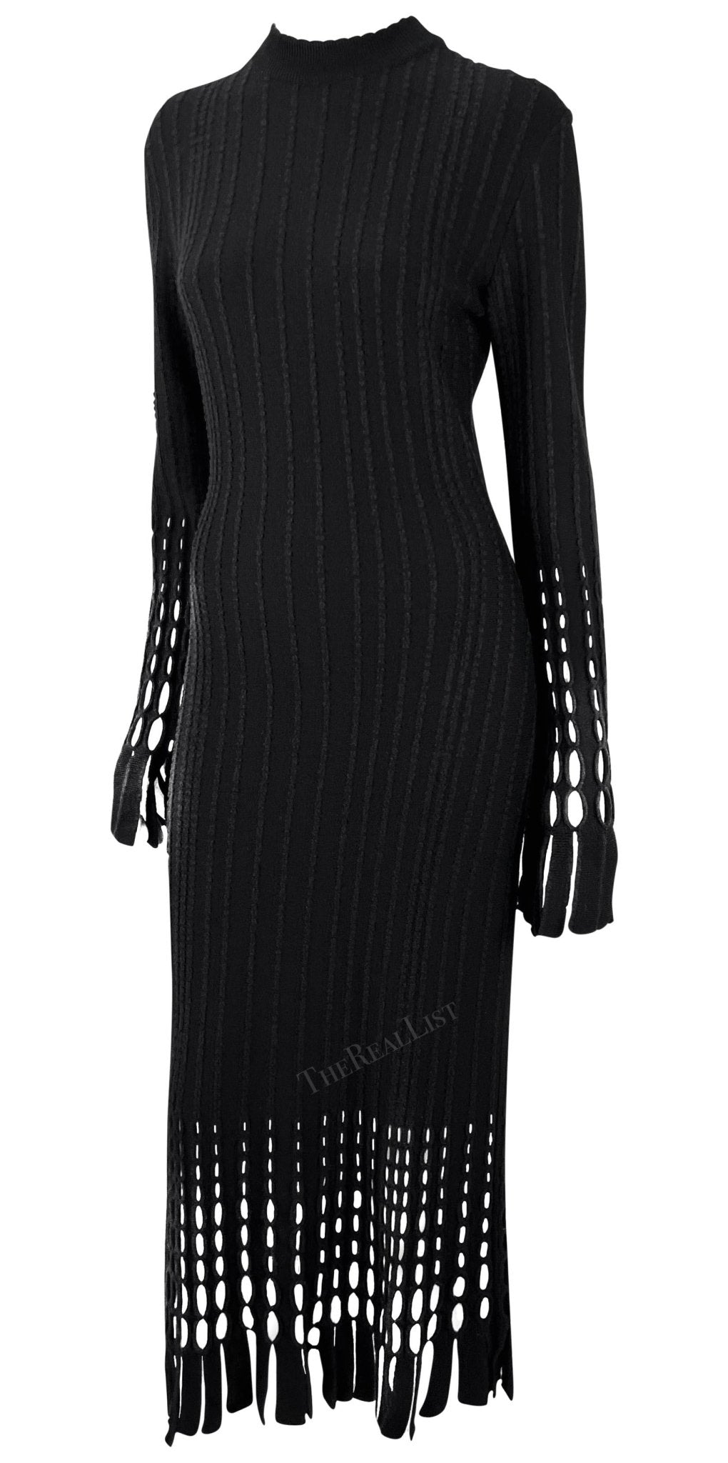 F/W 1993 Azzedine Alaïa Black Eyelet Fringe Knit Bodycon Full - Length Dress - RealList