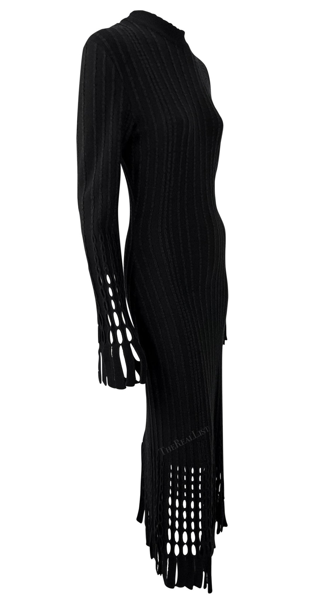F/W 1993 Azzedine Alaïa Black Eyelet Fringe Knit Bodycon Full - Length Dress - RealList