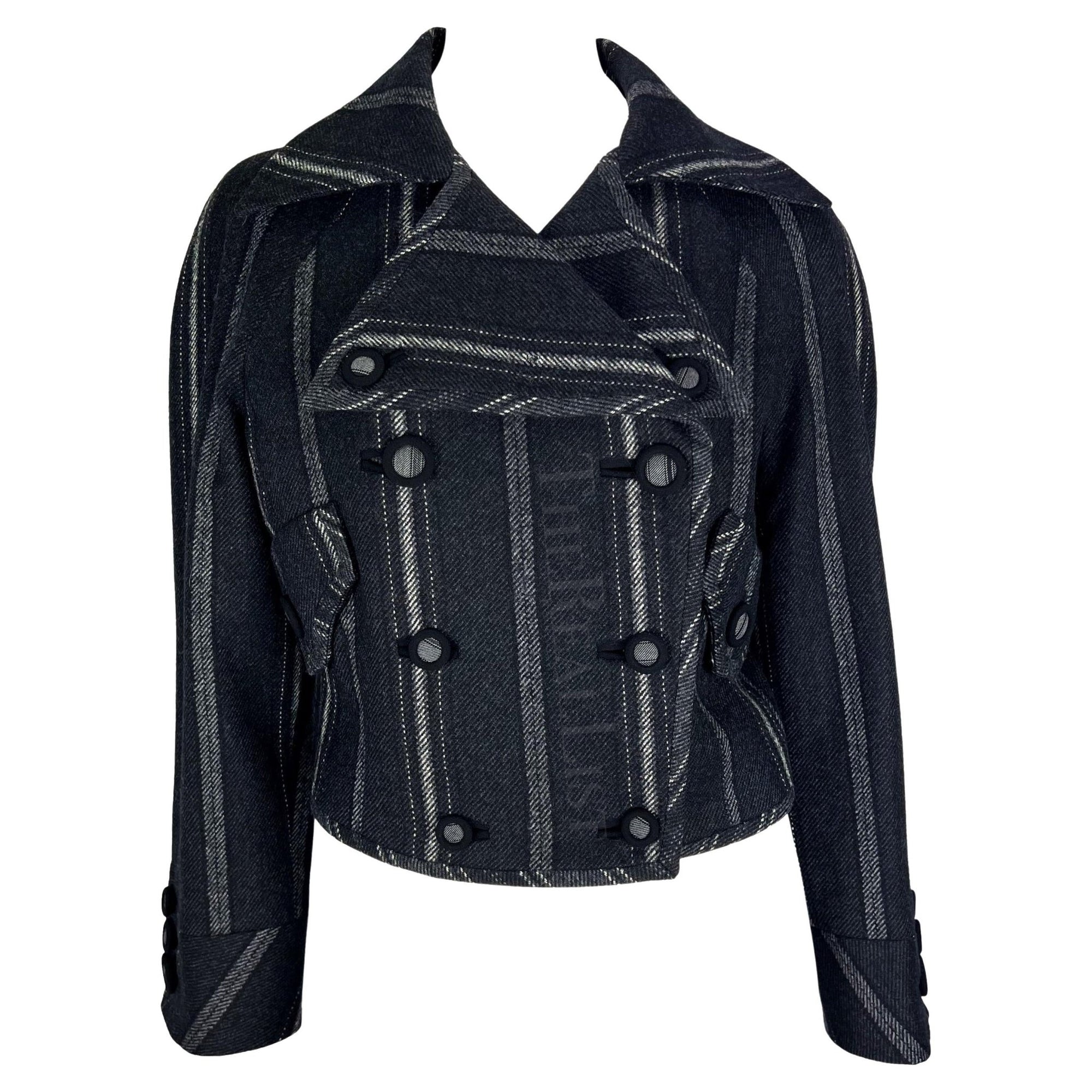 F/W 1993 Gianni Versace Black Grey Striped Cropped Runway Jacket - RealList