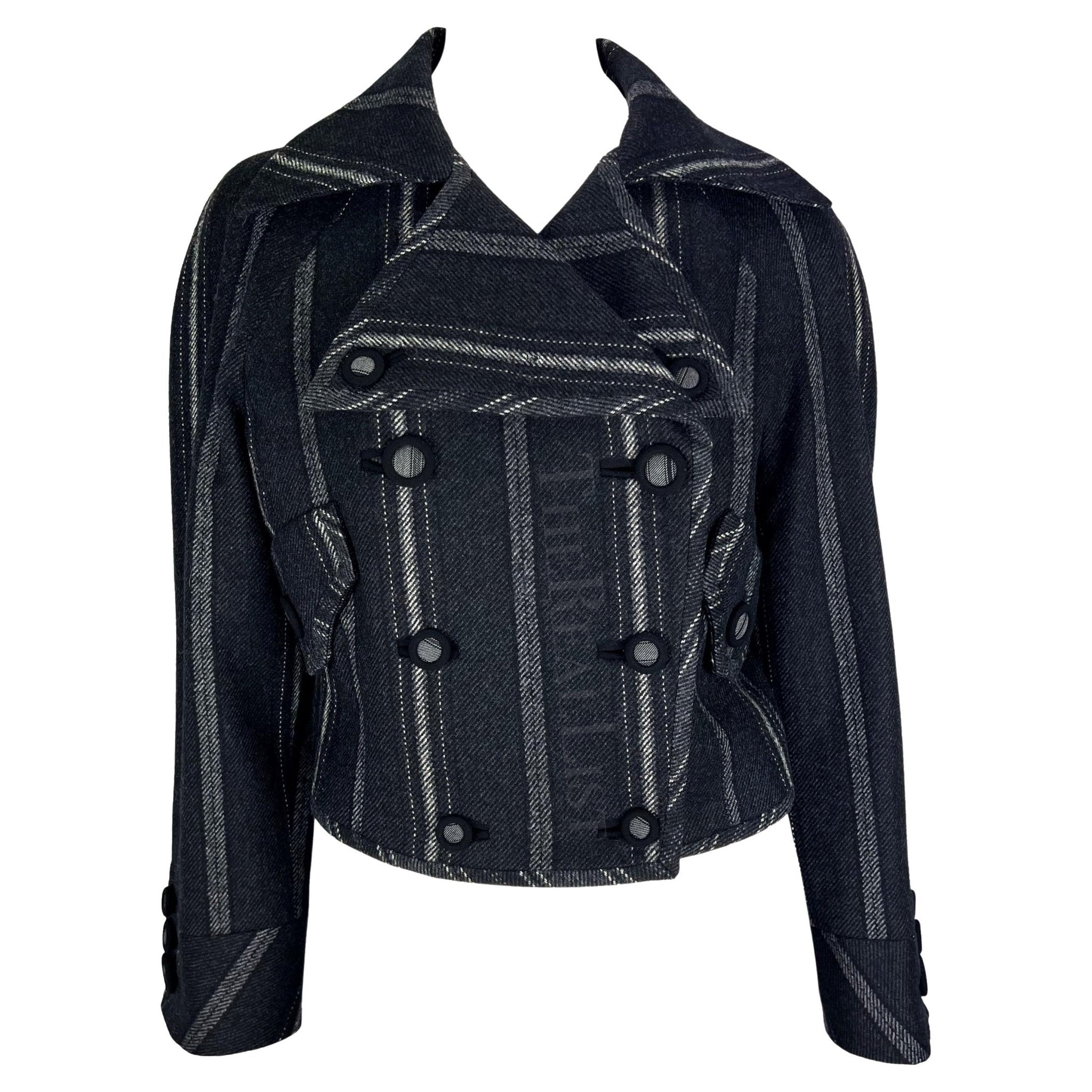 F/W 1993 Gianni Versace Black Grey Striped Cropped Runway Jacket - RealList