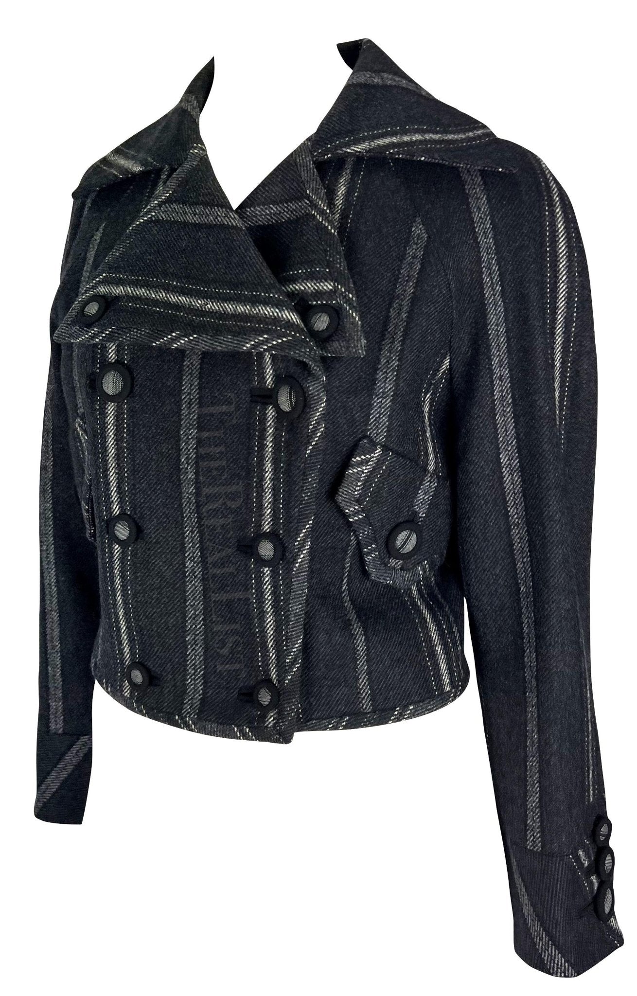 F/W 1993 Gianni Versace Black Grey Striped Cropped Runway Jacket - RealList