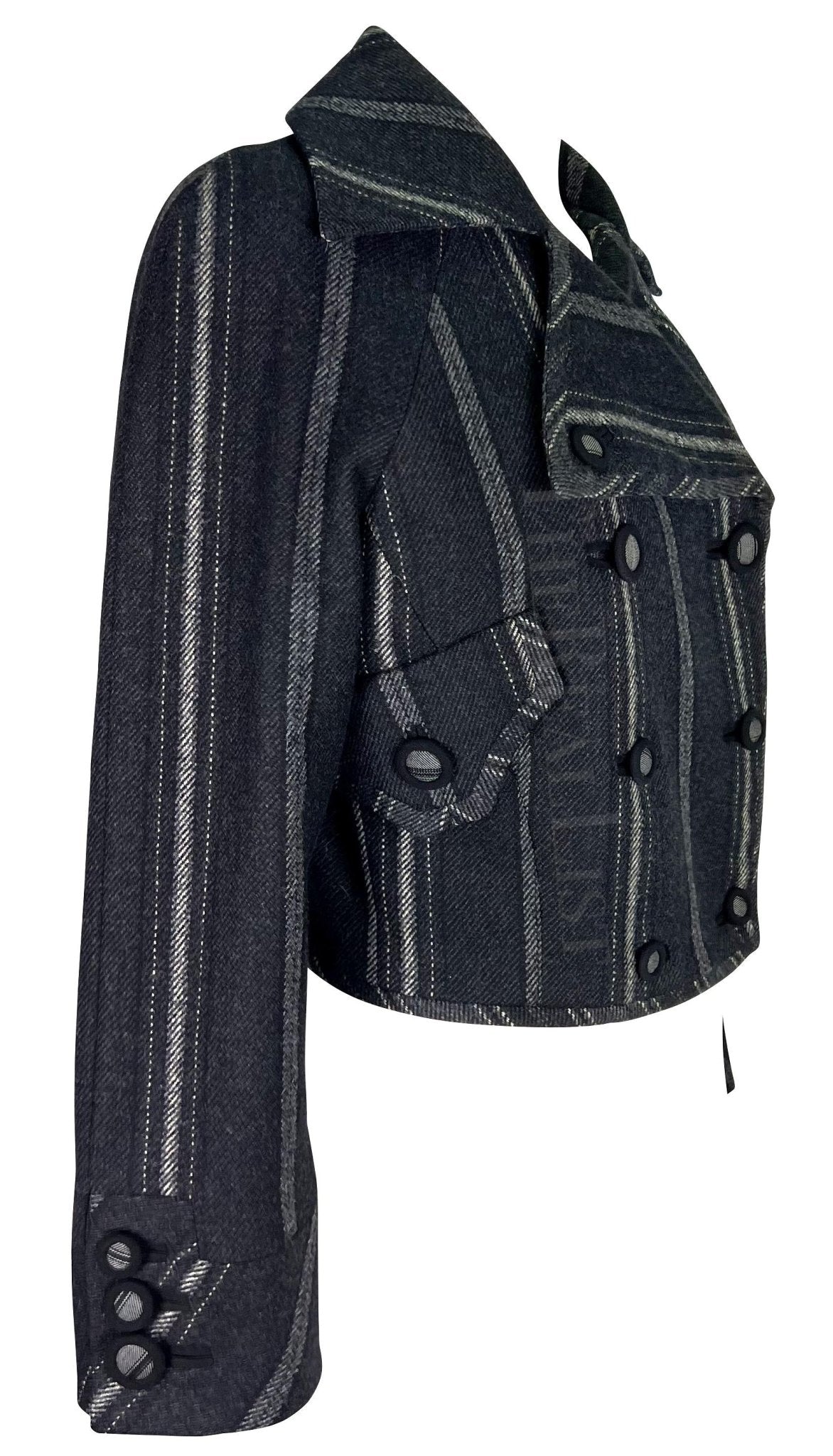 F/W 1993 Gianni Versace Black Grey Striped Cropped Runway Jacket - RealList