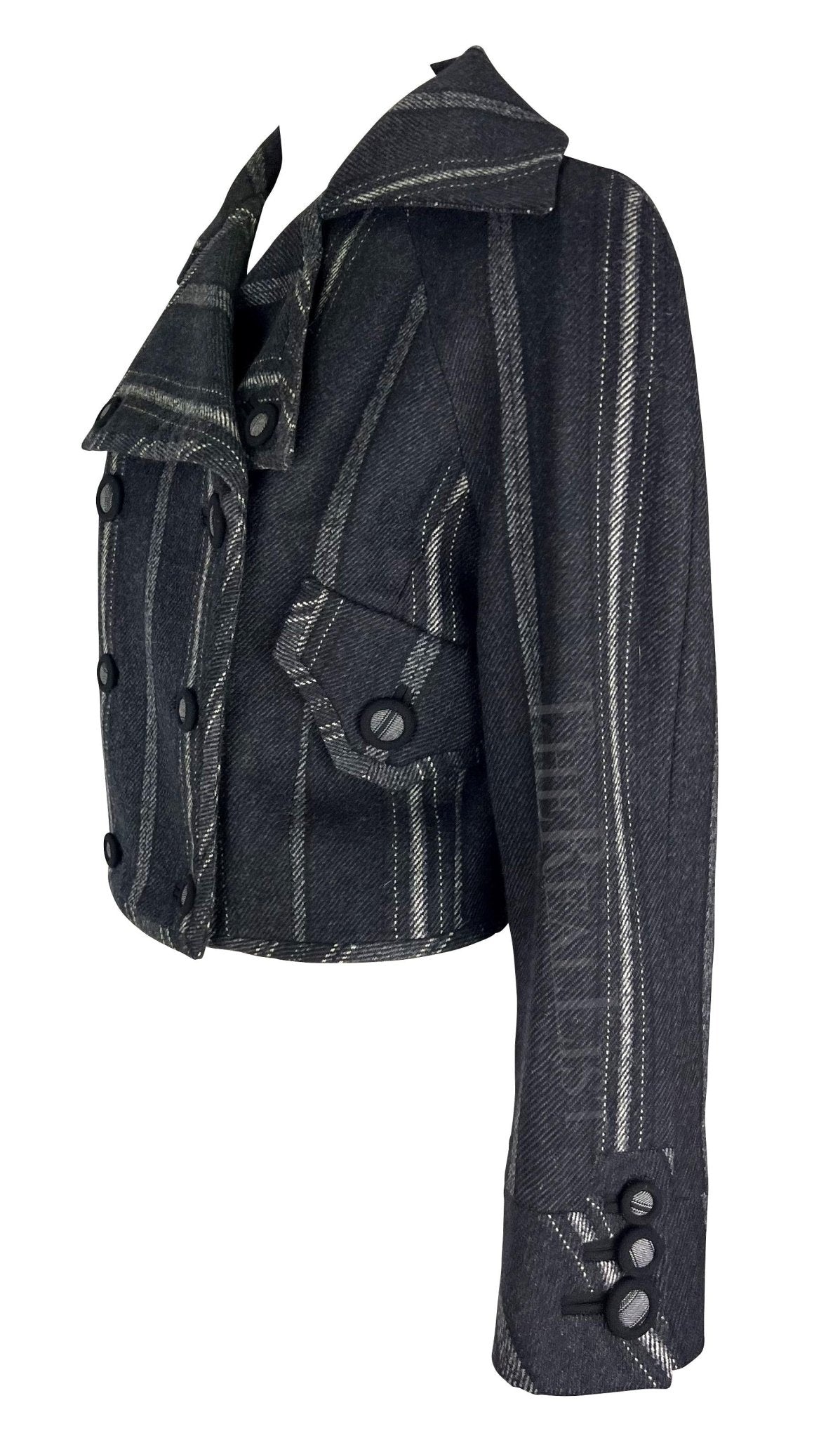 F/W 1993 Gianni Versace Black Grey Striped Cropped Runway Jacket - RealList