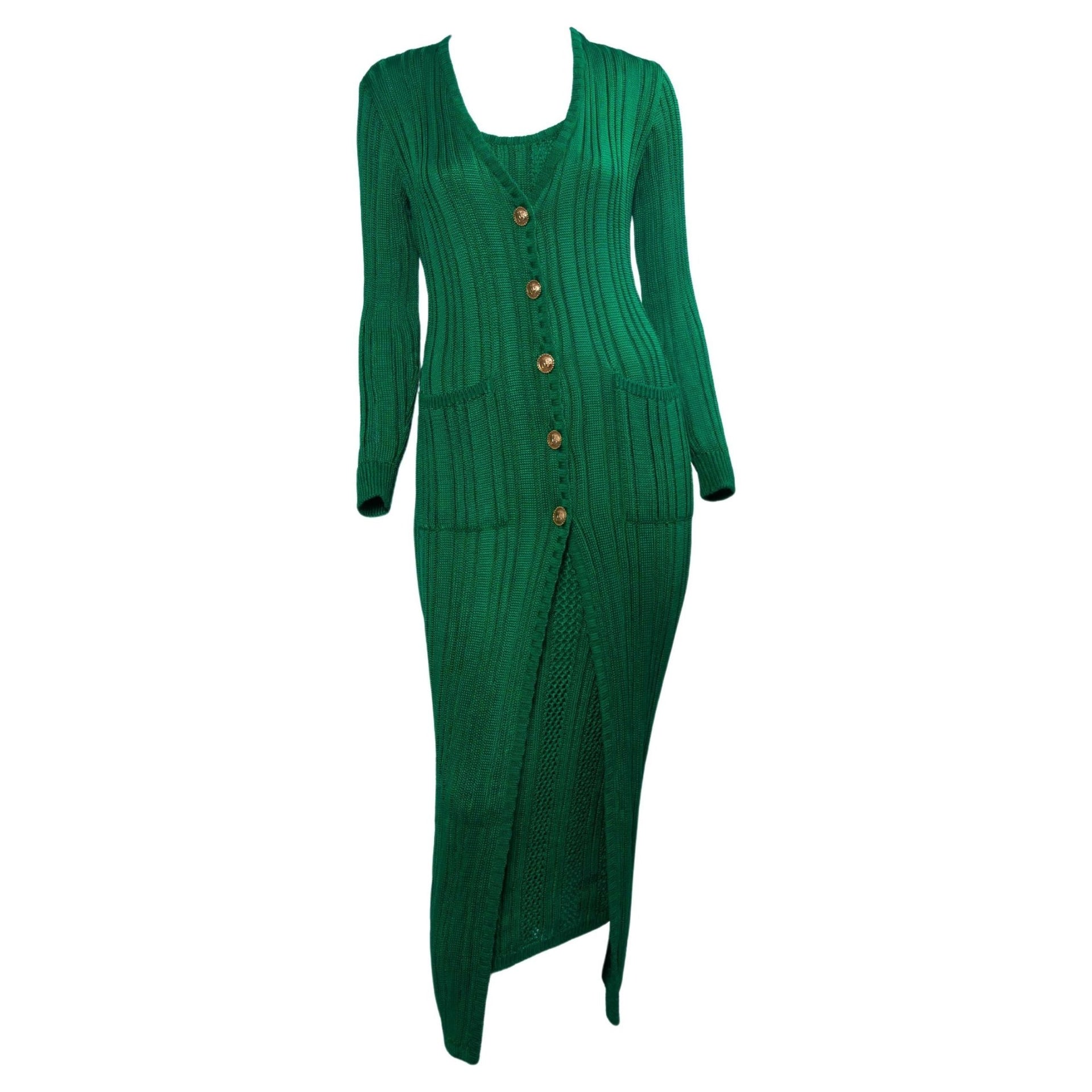 F/W 1993 Gianni Versace Couture Green Knit Dress + Medusa Button Cardigan Set - RealList