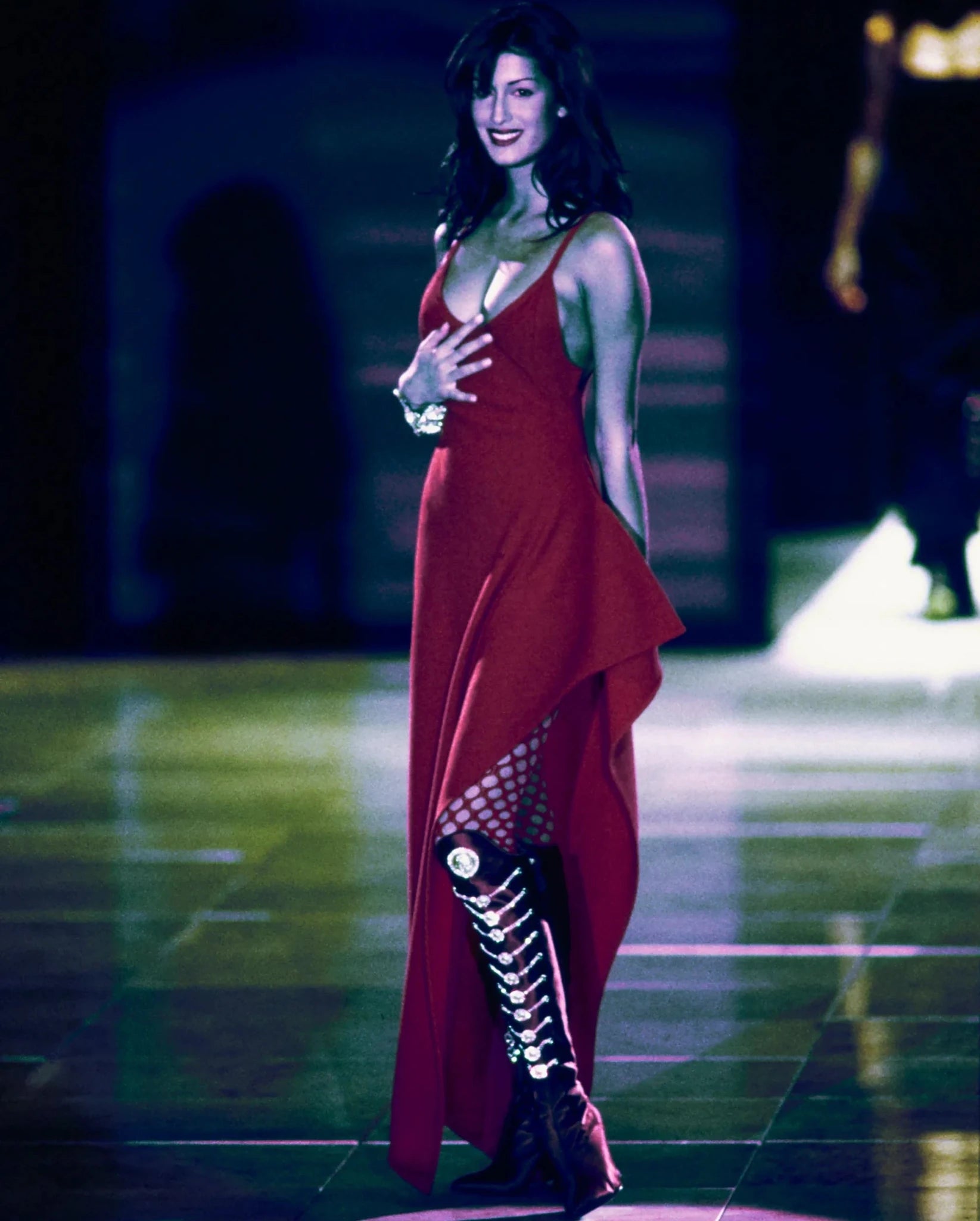 F/W 1993 Gianni Versace Runway Red High - Slit Asymmetric Gown - RealList