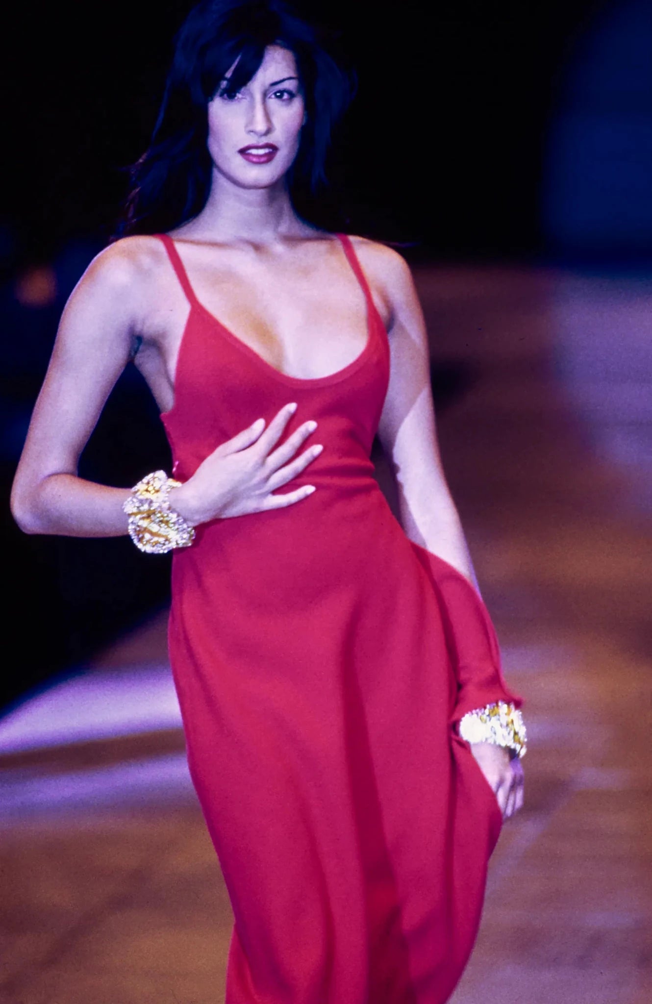 F/W 1993 Gianni Versace Runway Red High - Slit Asymmetric Gown - RealList