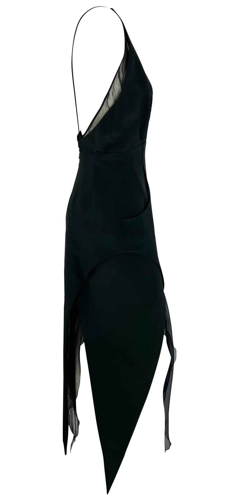 F/W 1993 Karl Lagerfeld Dark Green Backless Halter Point Hem Chiffon Dress - RealList