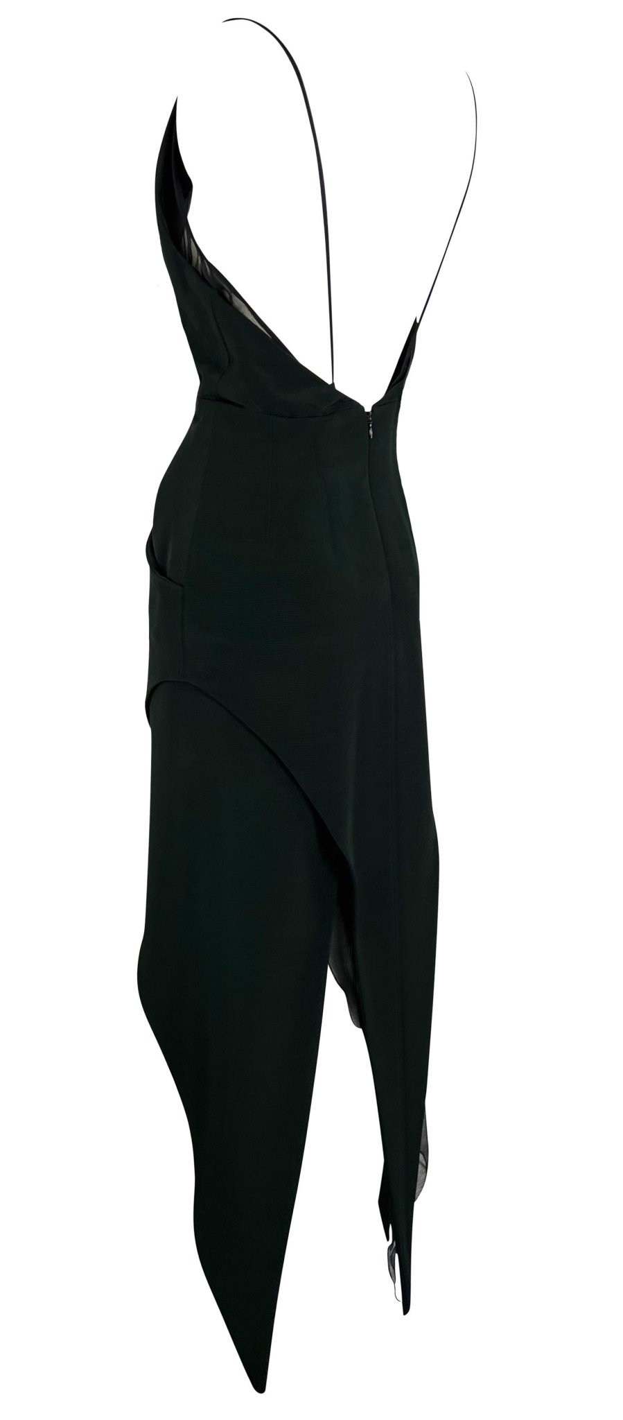 F/W 1993 Karl Lagerfeld Dark Green Backless Halter Point Hem Chiffon Dress - RealList