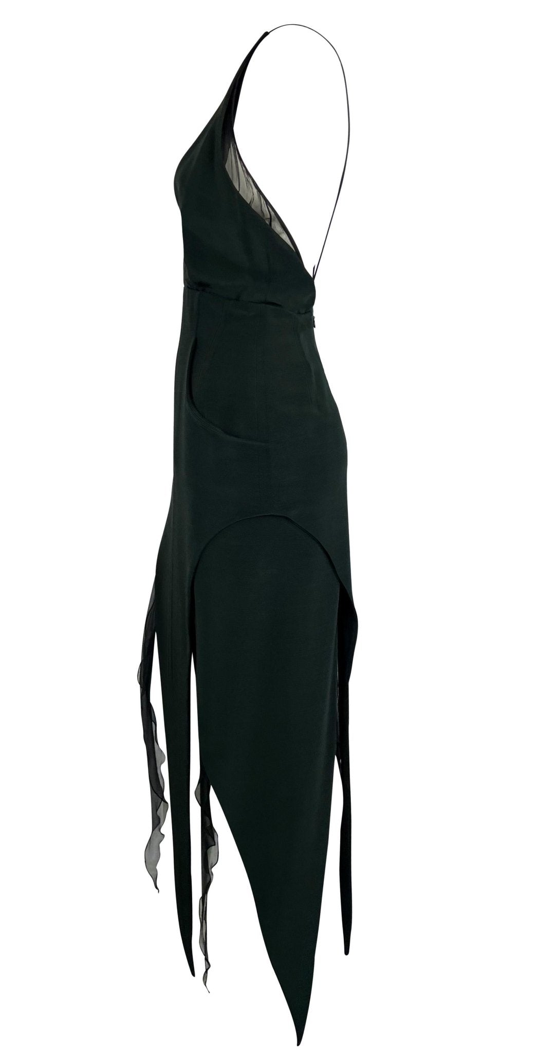 F/W 1993 Karl Lagerfeld Dark Green Backless Halter Point Hem Chiffon Dress - RealList