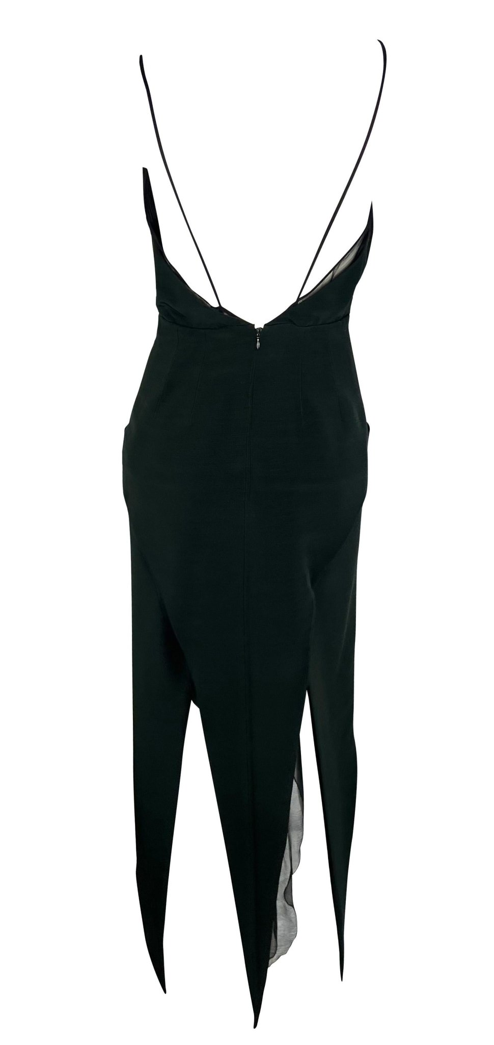 F/W 1993 Karl Lagerfeld Dark Green Backless Halter Point Hem Chiffon Dress - RealList