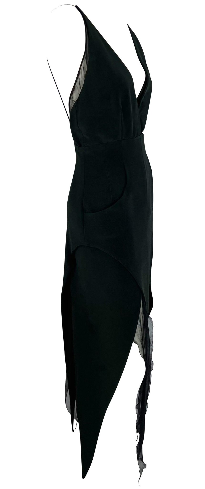 F/W 1993 Karl Lagerfeld Dark Green Backless Halter Point Hem Chiffon Dress - RealList