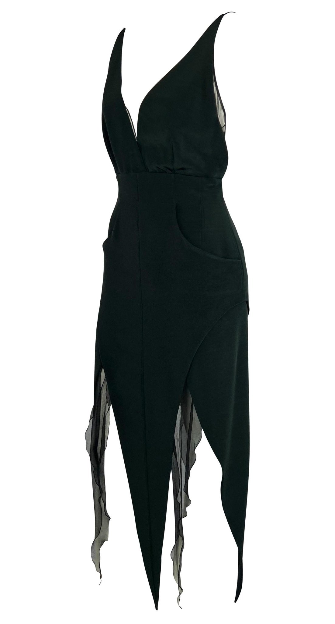 F/W 1993 Karl Lagerfeld Dark Green Backless Halter Point Hem Chiffon Dress - RealList