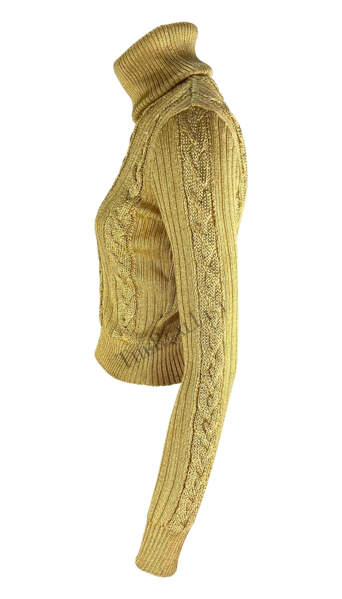 F/W 1994 Gianni Versace Ad Runway Gold Metallic Cable Knit Turtleneck Sweater - RealList