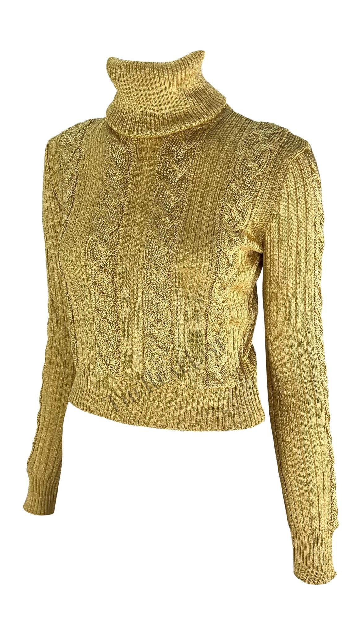F/W 1994 Gianni Versace Ad Runway Gold Metallic Cable Knit Turtleneck Sweater - RealList