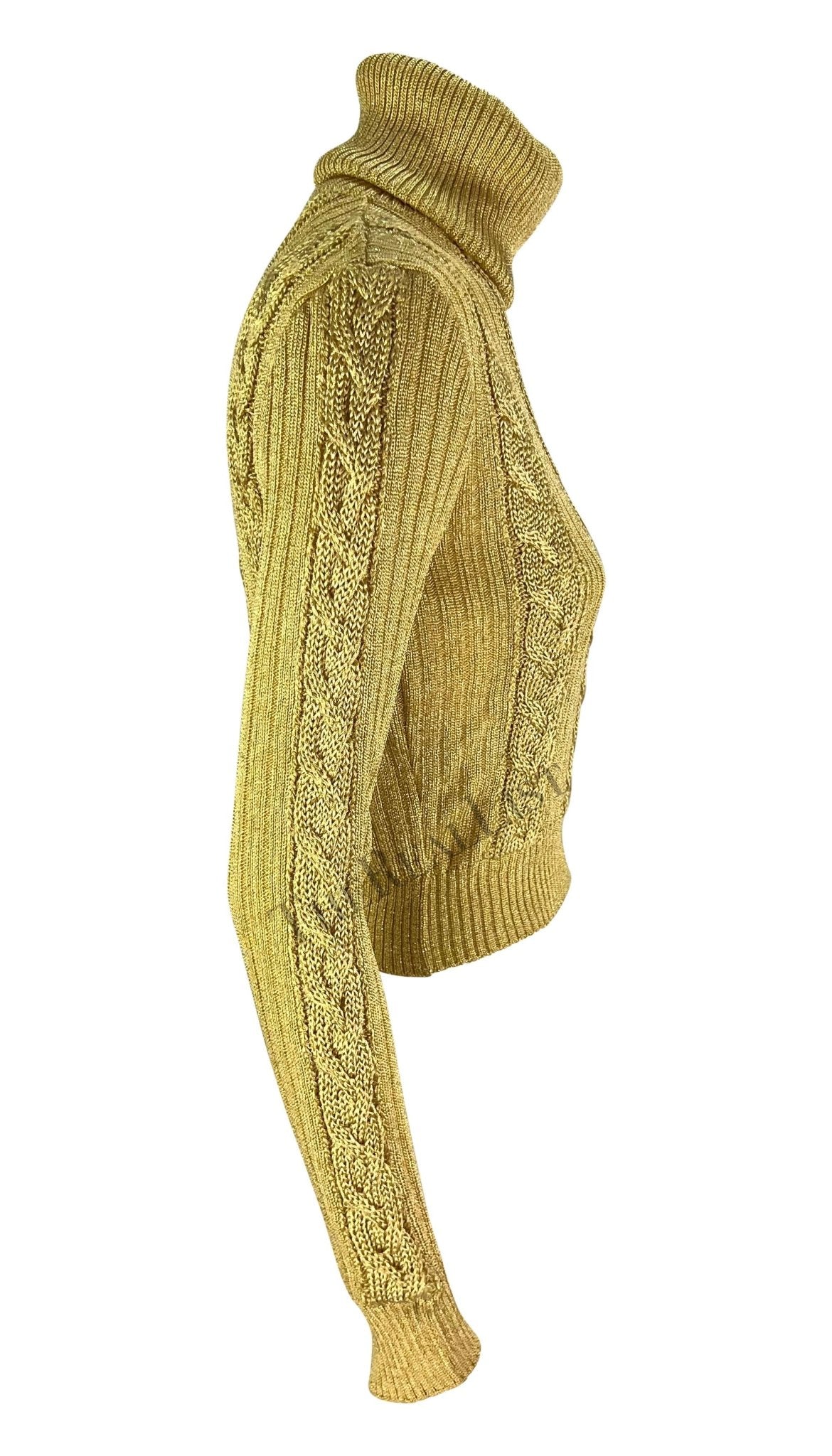 F/W 1994 Gianni Versace Ad Runway Gold Metallic Cable Knit Turtleneck Sweater - RealList