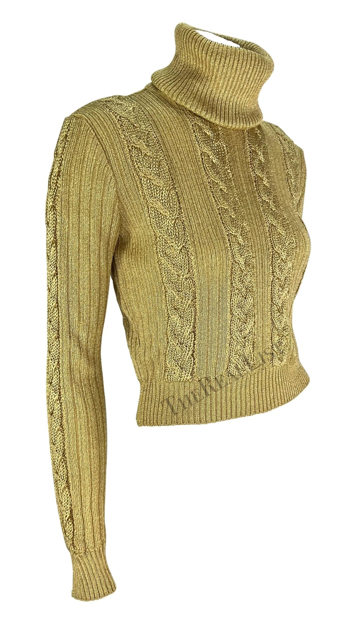 F/W 1994 Gianni Versace Ad Runway Gold Metallic Cable Knit Turtleneck Sweater - RealList