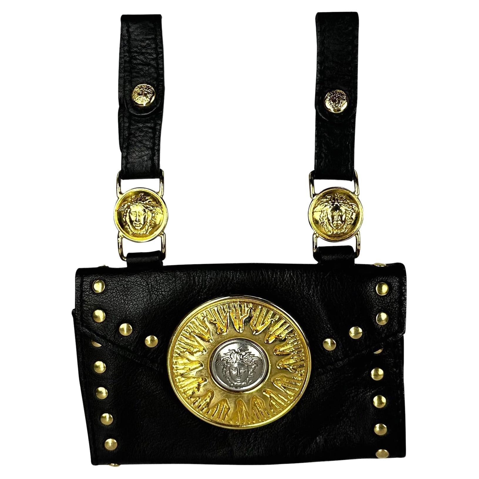 F/W 1994 Gianni Versace Black Leather Gold Stud Medusa Sunburst Mini Belt Bag - RealList