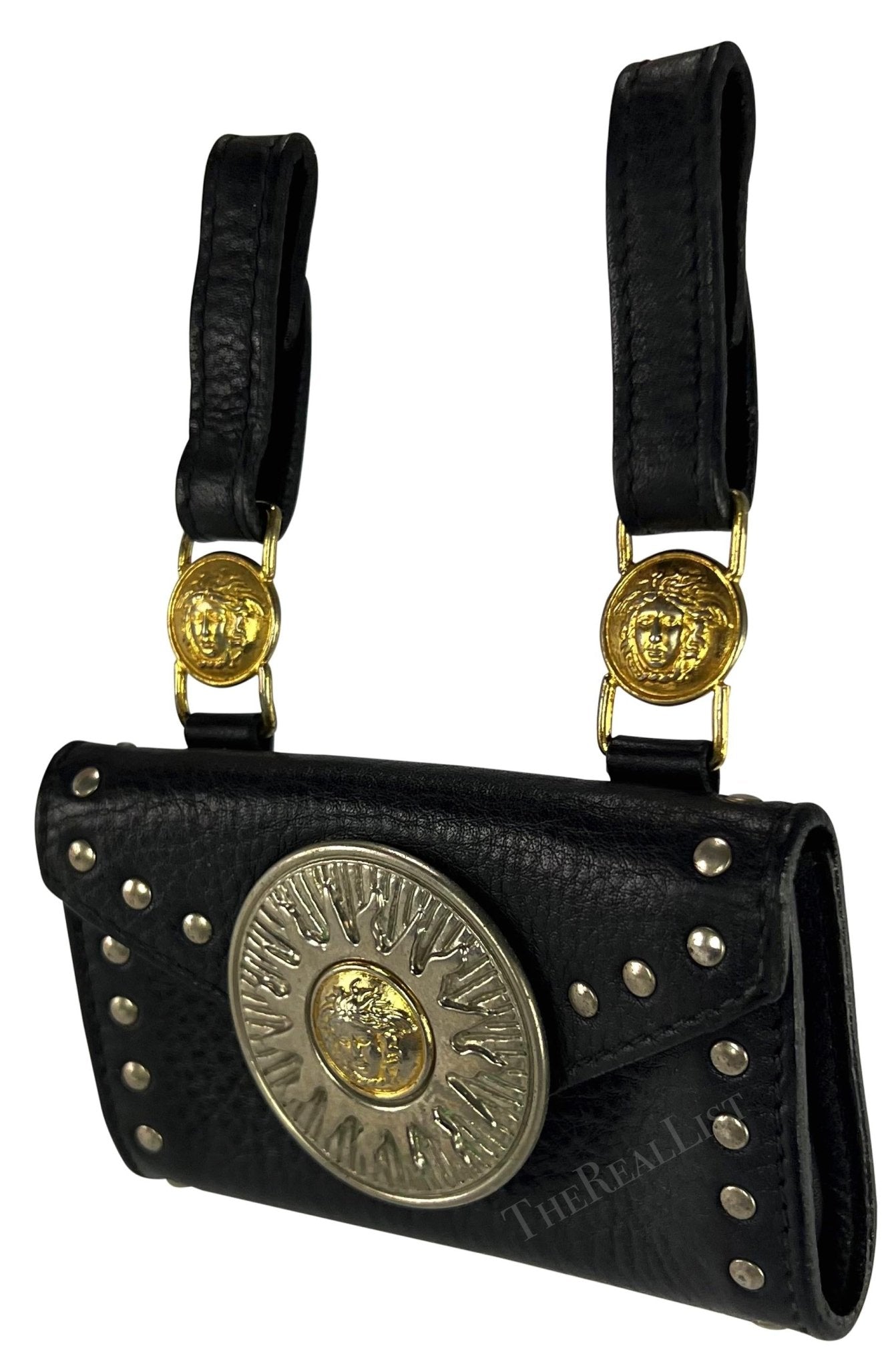 F/W 1994 Gianni Versace Black Leather Gold - Tone Medusa Medallion Belt Bag Pouch - RealList