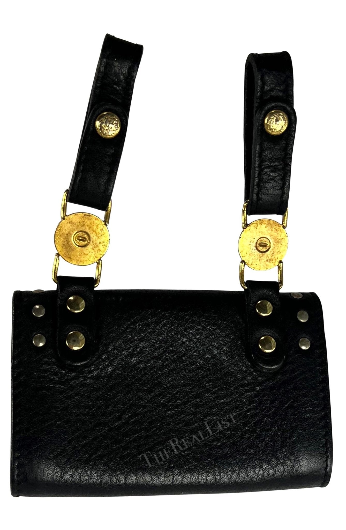 F/W 1994 Gianni Versace Black Leather Gold - Tone Medusa Medallion Belt Bag Pouch - RealList
