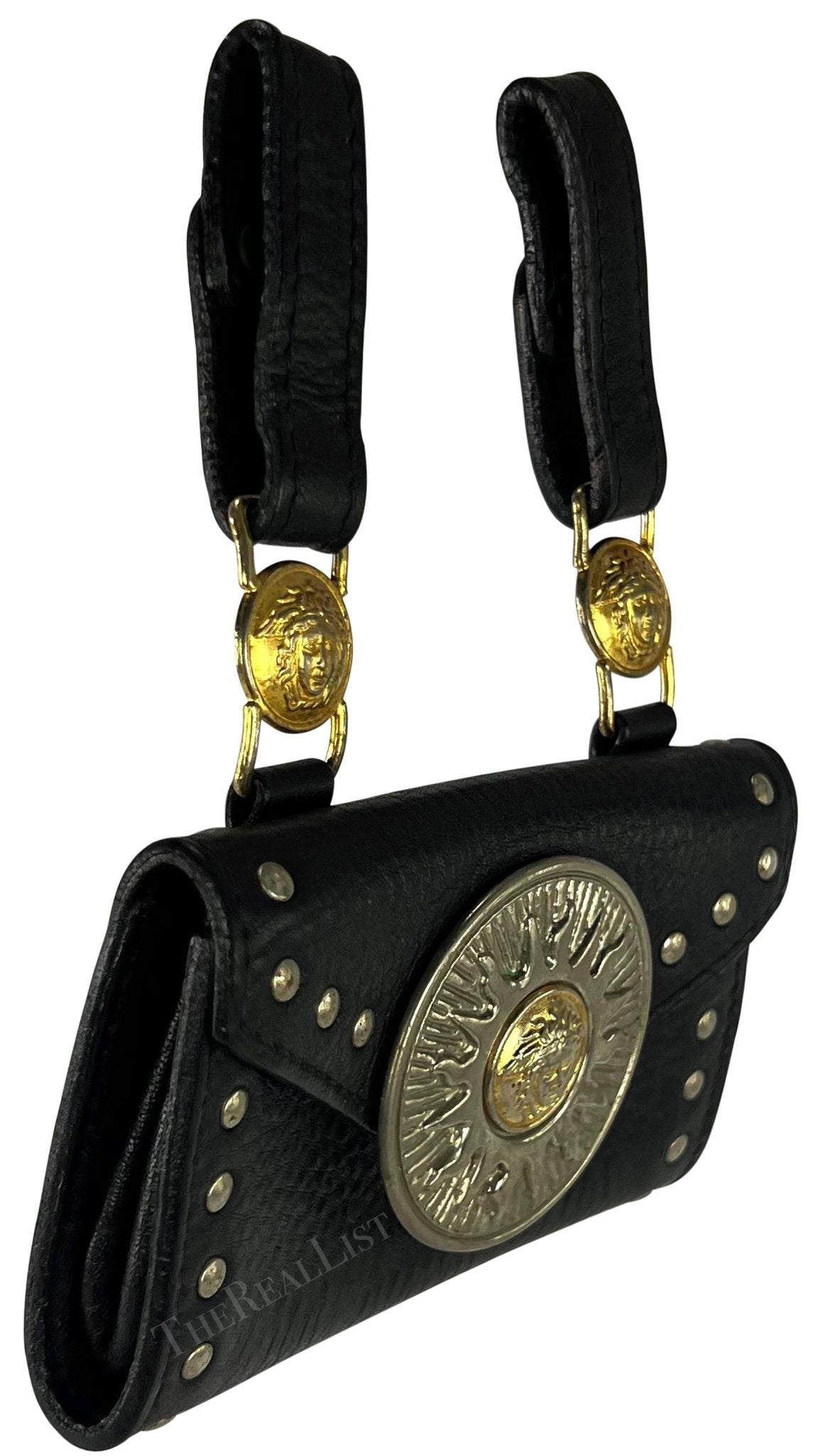 F/W 1994 Gianni Versace Black Leather Gold - Tone Medusa Medallion Belt Bag Pouch - RealList