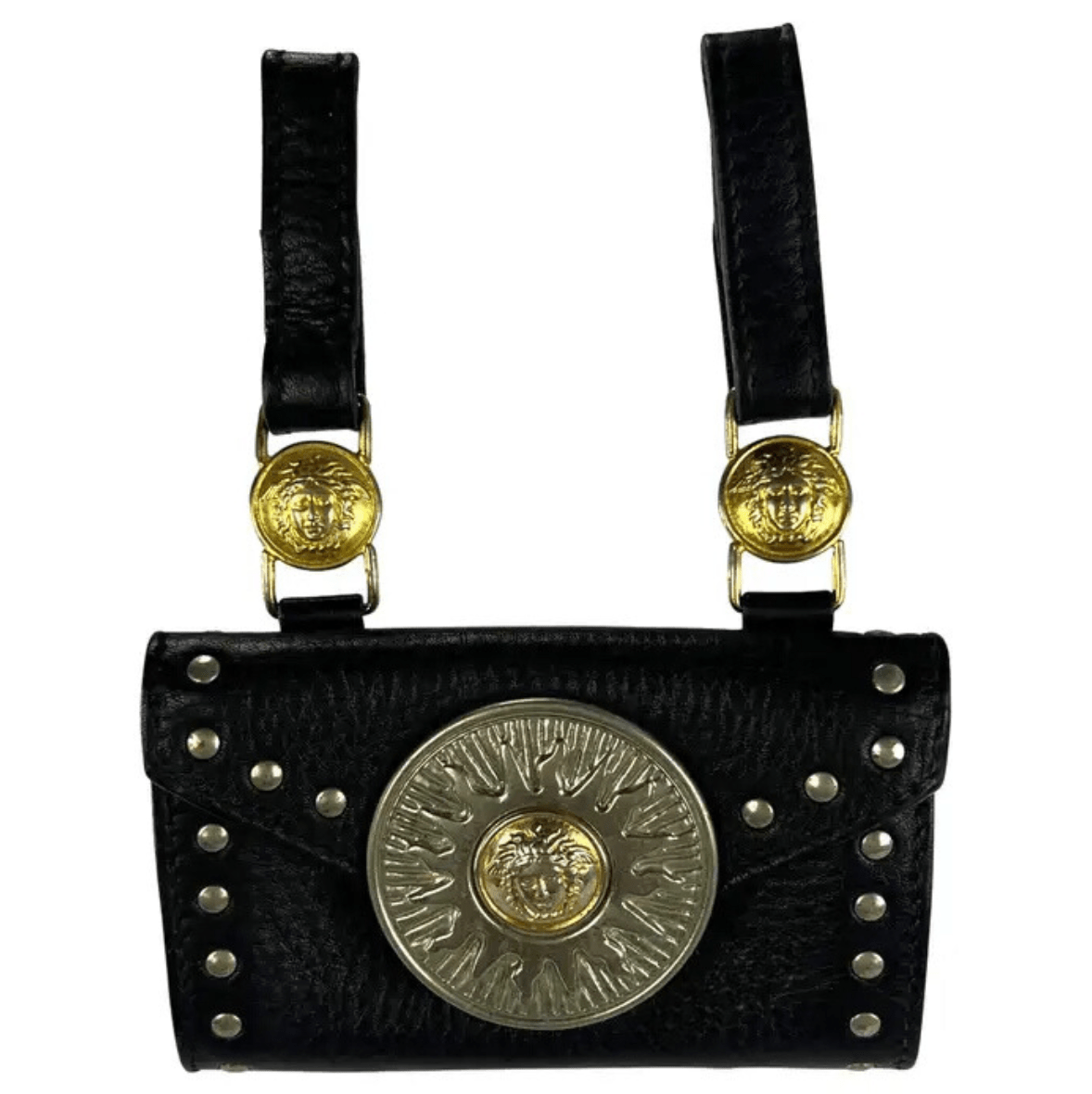 F/W 1994 Gianni Versace Black Leather Gold - Tone Medusa Medallion Belt Bag Pouch - RealList