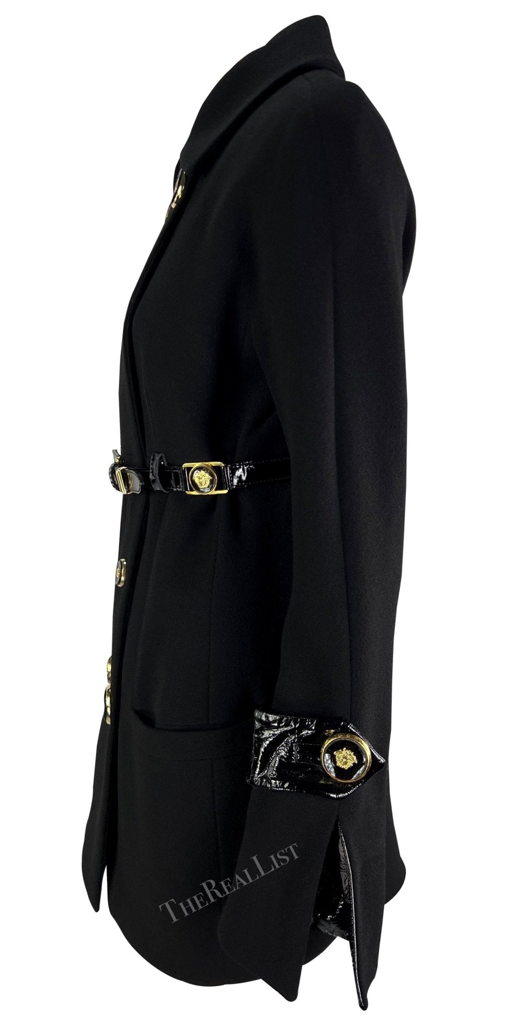 F/W 1994 Gianni Versace Black Patent Leather Belt Gold Medusa Jacket - RealList