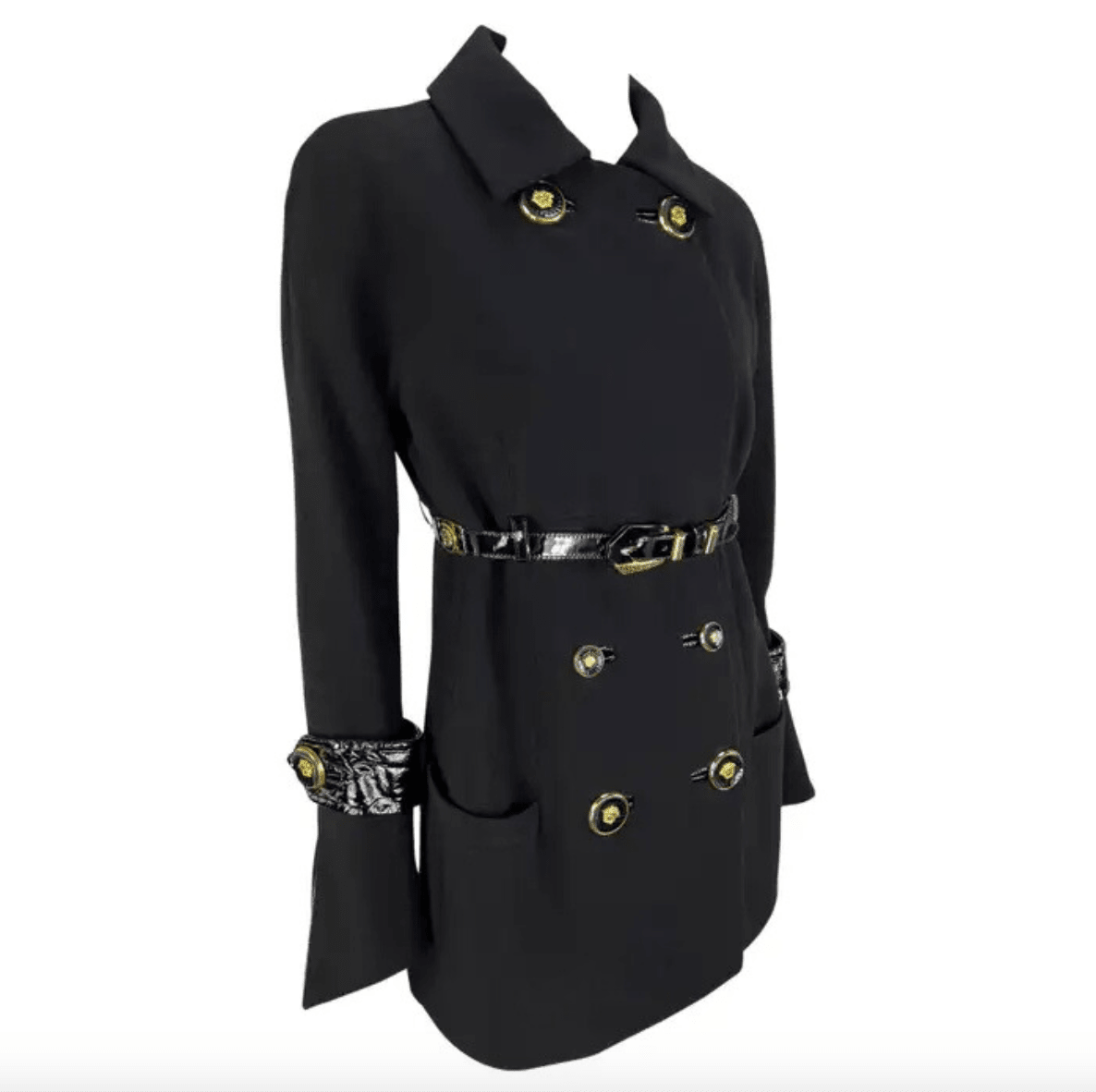 F/W 1994 Gianni Versace Black Patent Leather Belt Gold Medusa Jacket - RealList