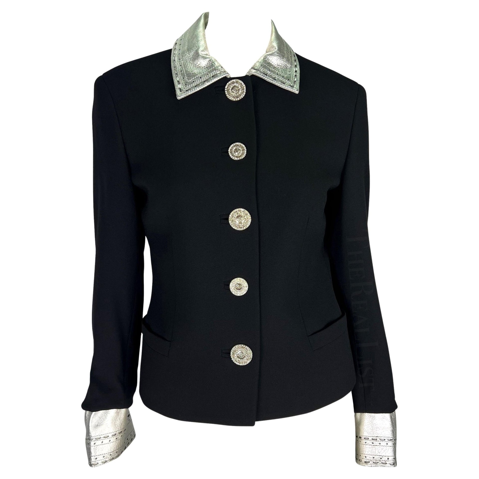 F/W 1994 Gianni Versace Black Silver Leather Accent Jacket - RealList