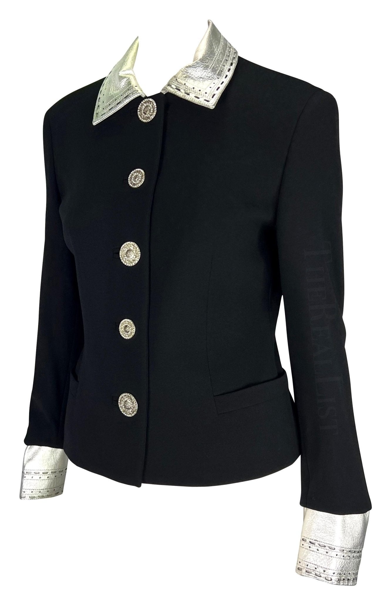F/W 1994 Gianni Versace Black Silver Leather Accent Jacket - RealList