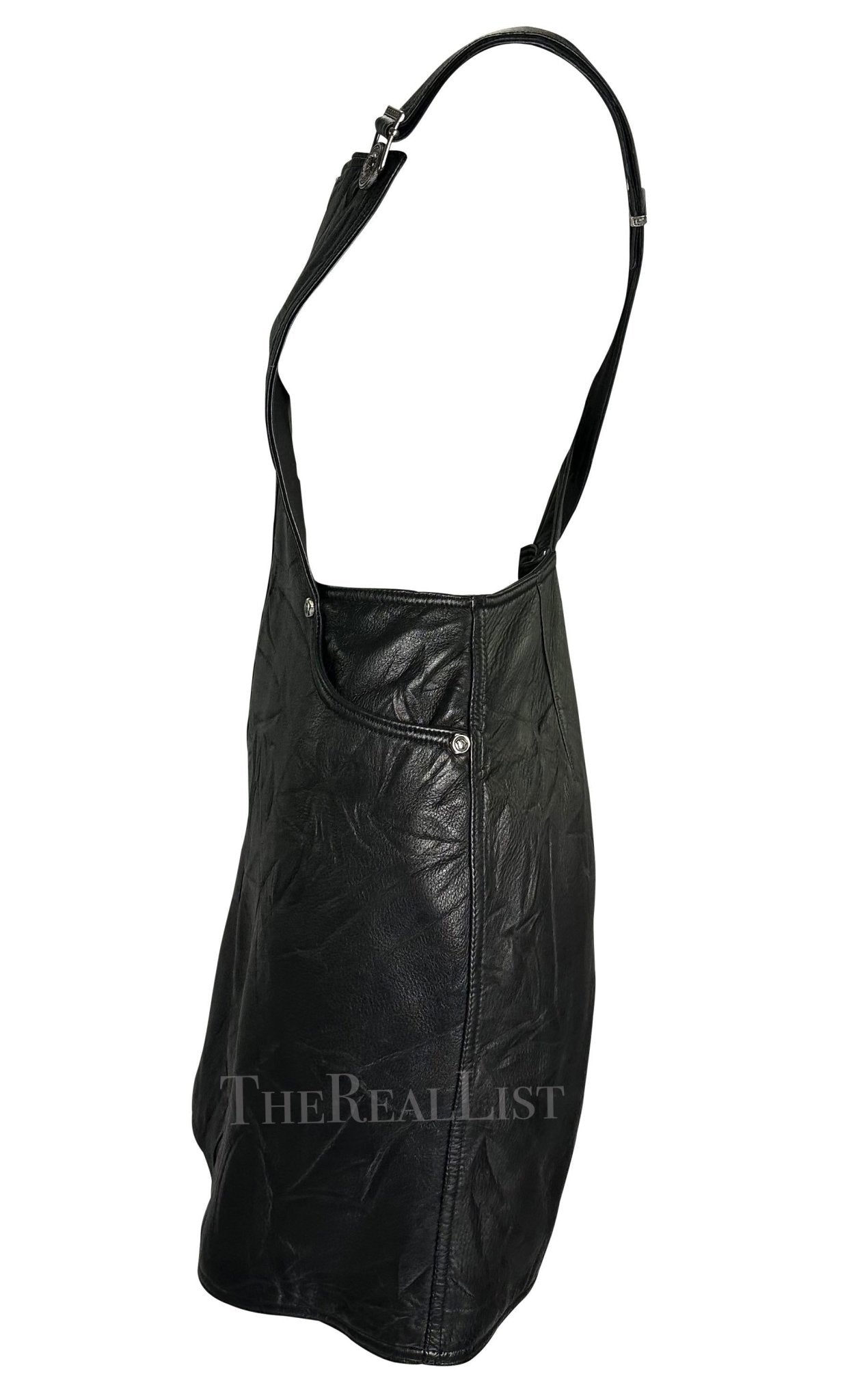 F/W 1994 Gianni Versace Black Wrinkled Leather Medusa Overall Mini Dress - RealList