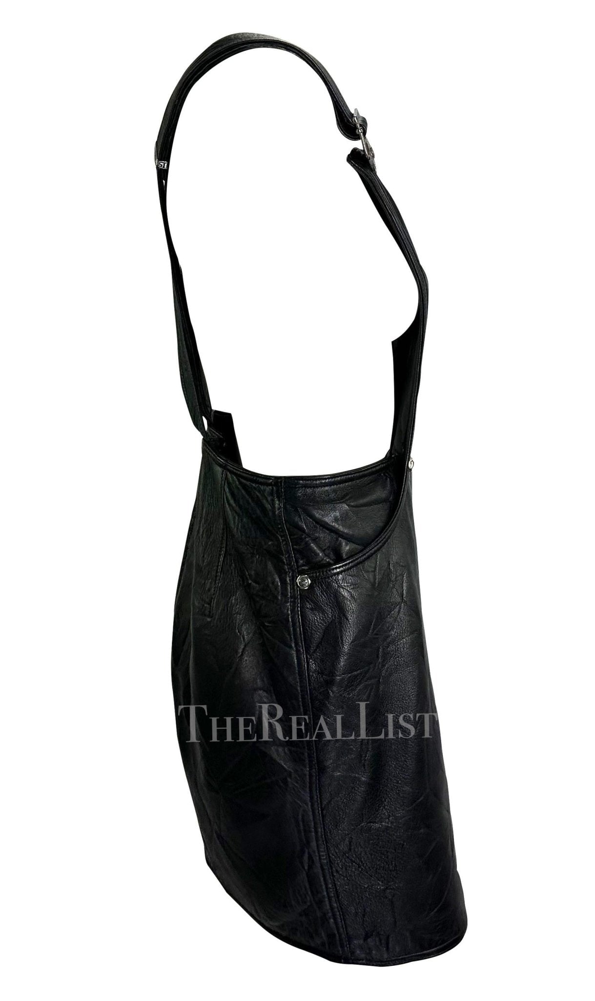 F/W 1994 Gianni Versace Black Wrinkled Leather Medusa Overall Mini Dress - RealList