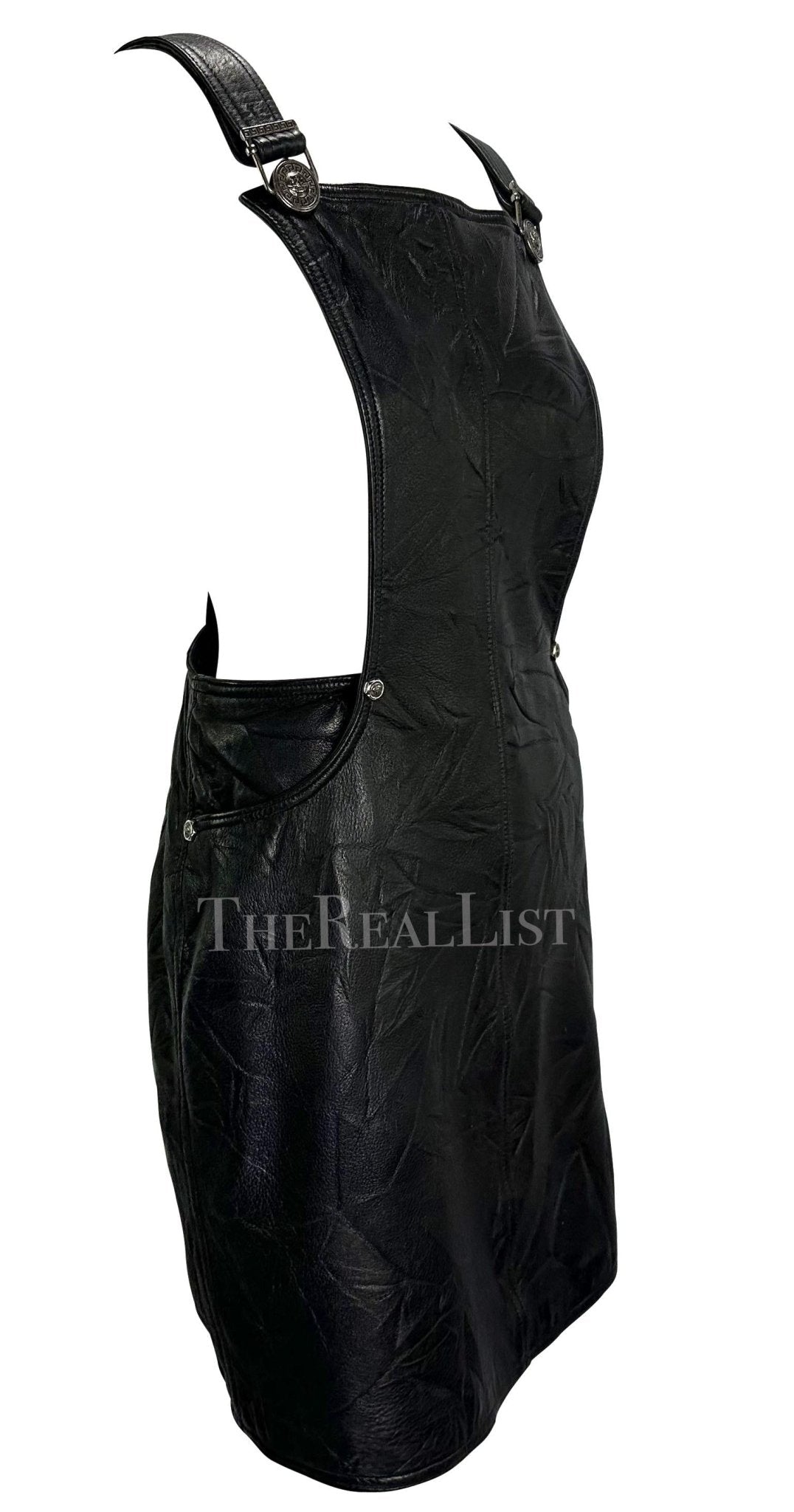 F/W 1994 Gianni Versace Black Wrinkled Leather Medusa Overall Mini Dress - RealList