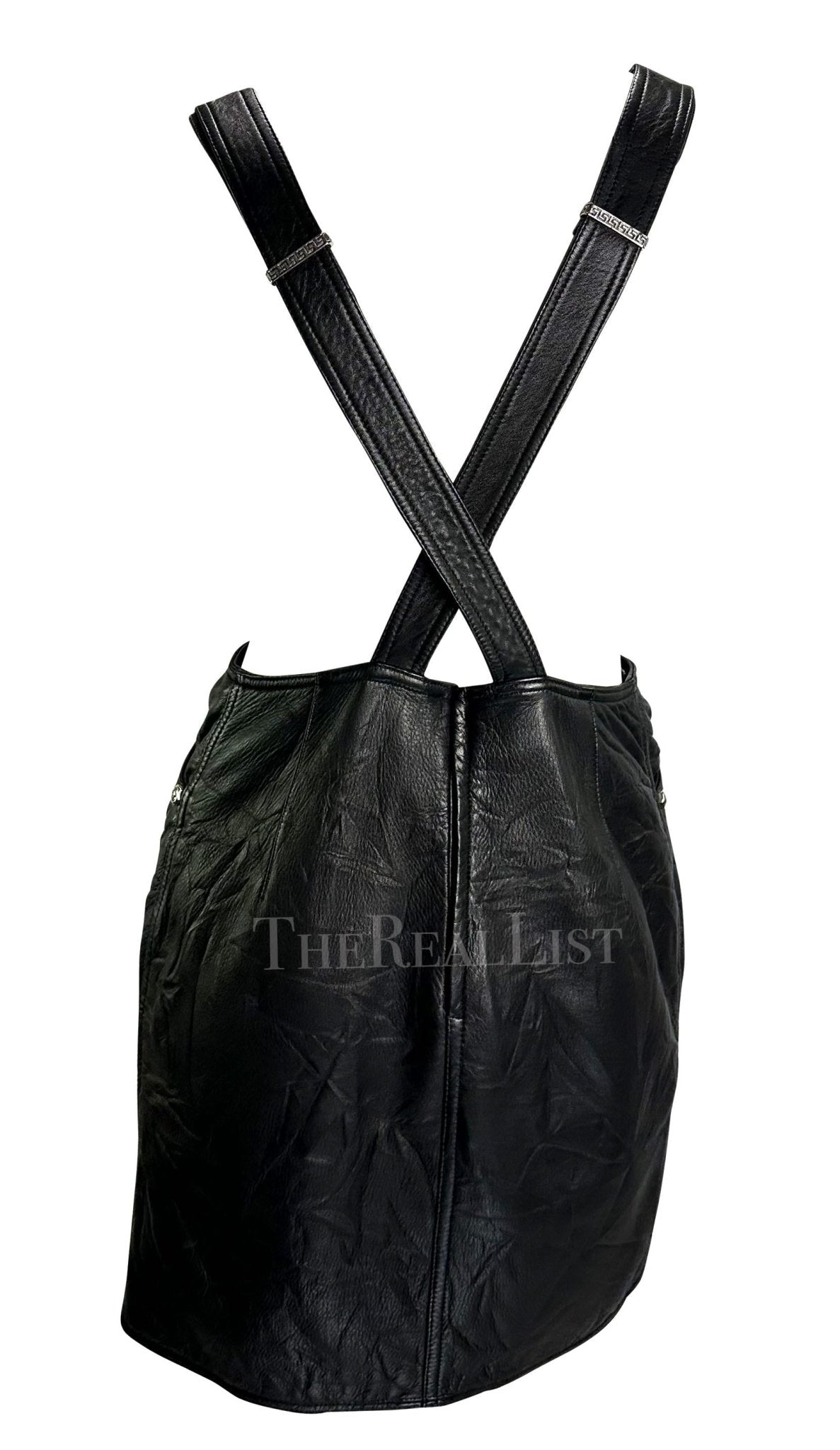 F/W 1994 Gianni Versace Black Wrinkled Leather Medusa Overall Mini Dress - RealList
