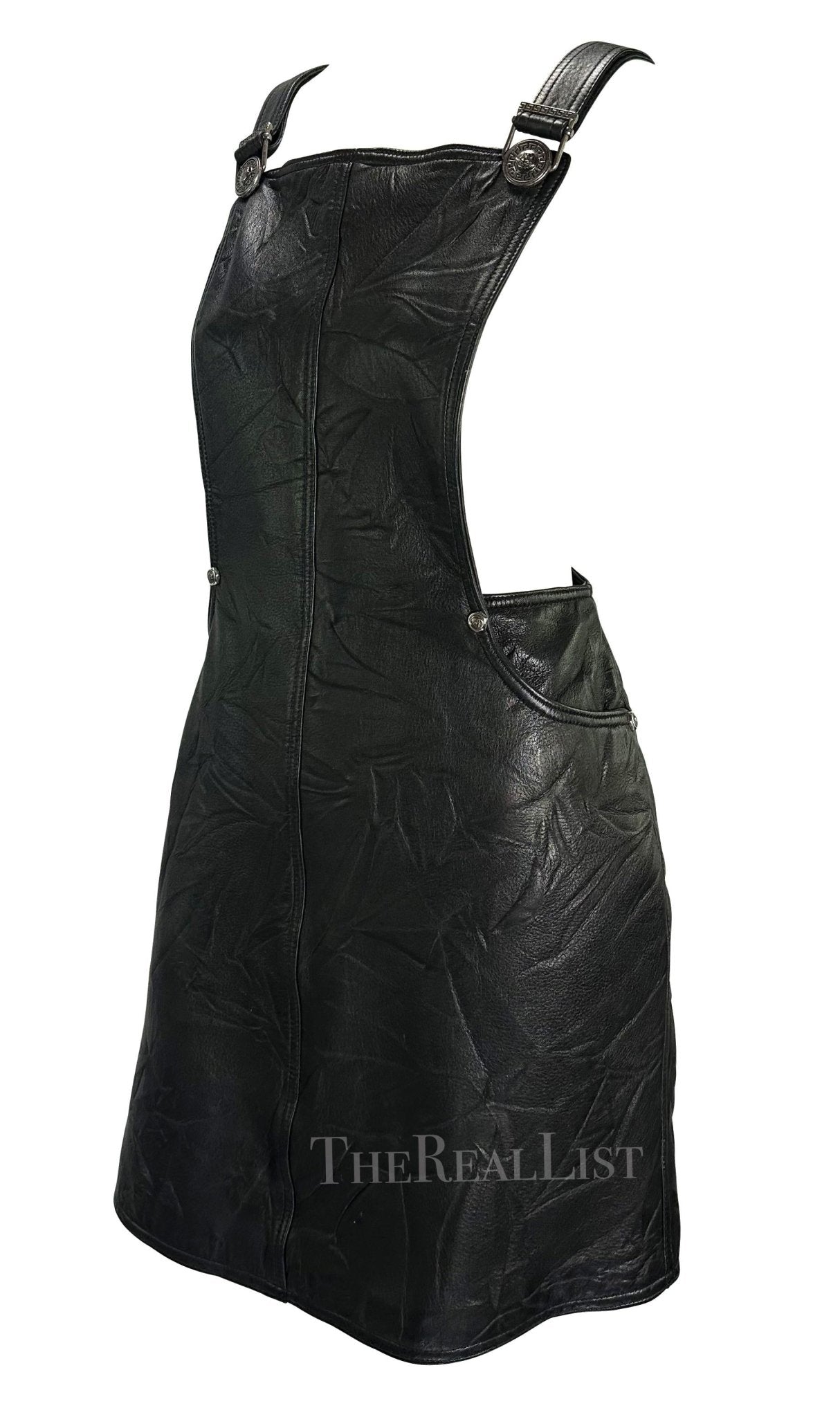 F/W 1994 Gianni Versace Black Wrinkled Leather Medusa Overall Mini Dress - RealList