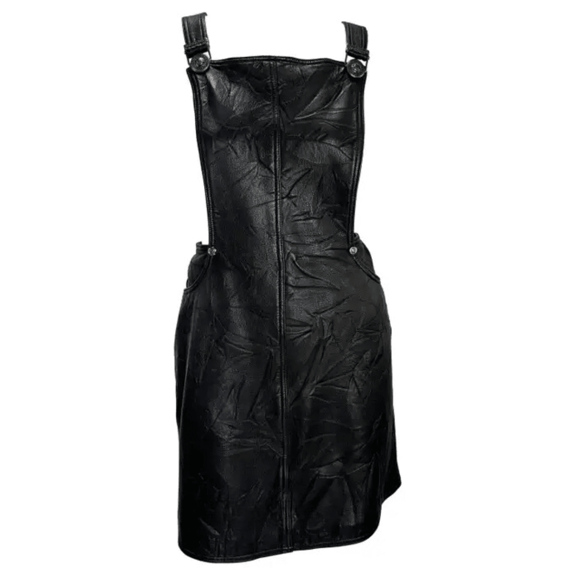F/W 1994 Gianni Versace Black Wrinkled Leather Medusa Overall Mini Dress - RealList