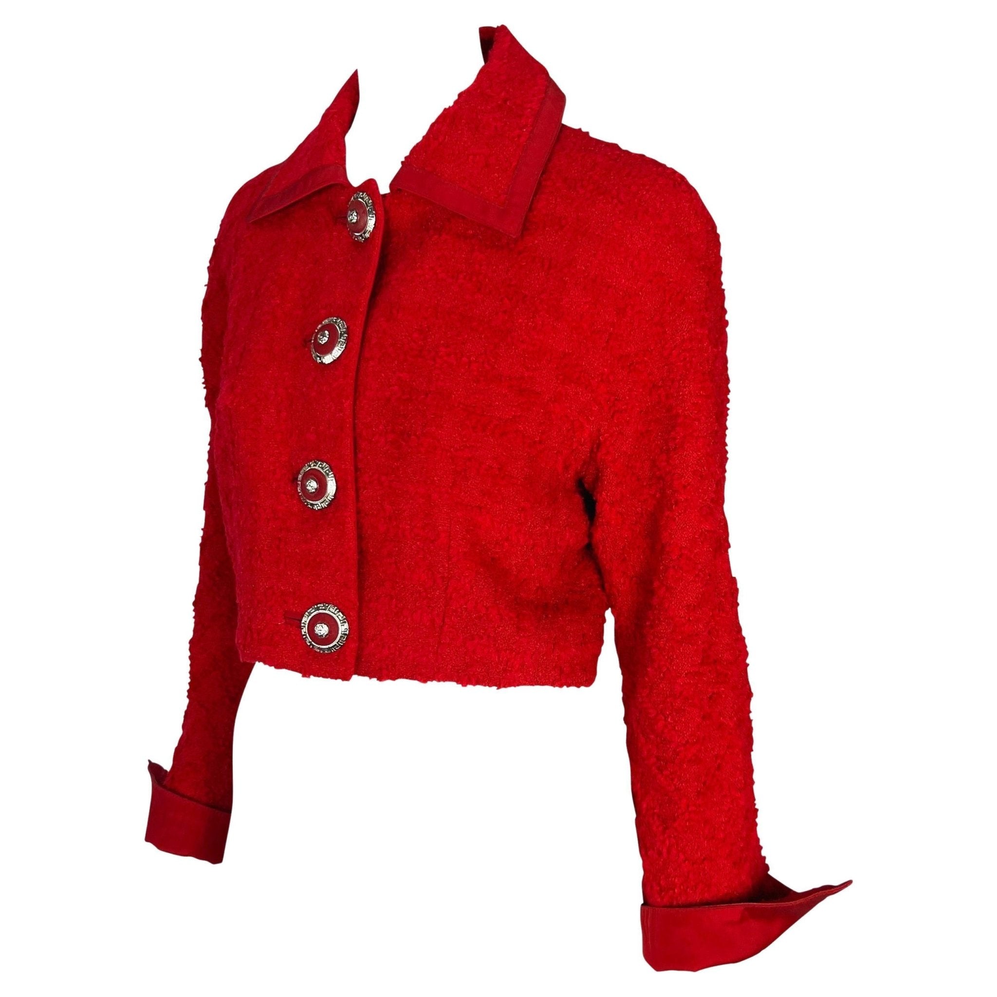 F/W 1994 Gianni Versace Couture Red Bouclé Tweed Cropped Medusa Jacket - RealList
