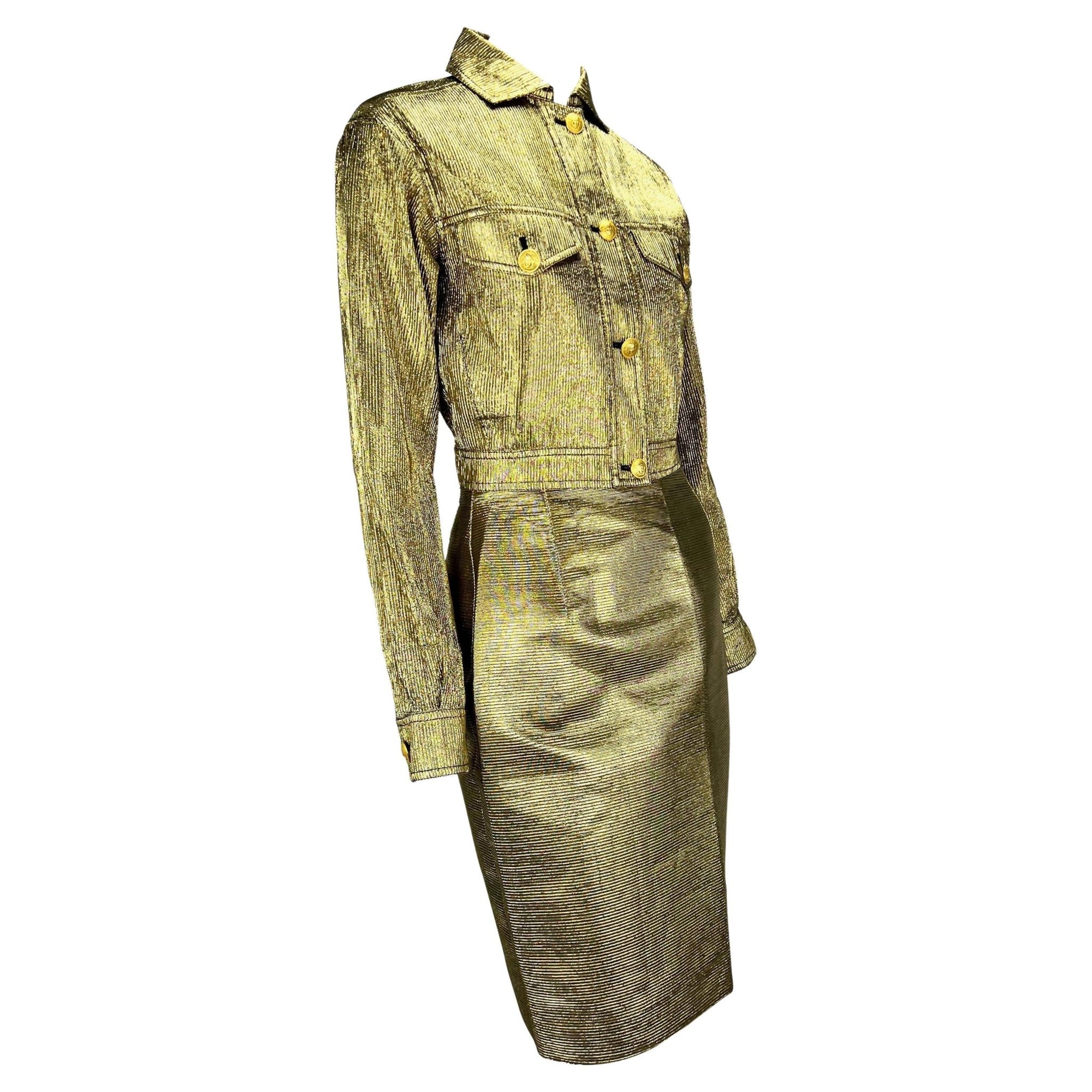 F/W 1994 Gianni Versace Gold Ribbed Lurex Medusa Cropped Jacket Skirt Set - RealList
