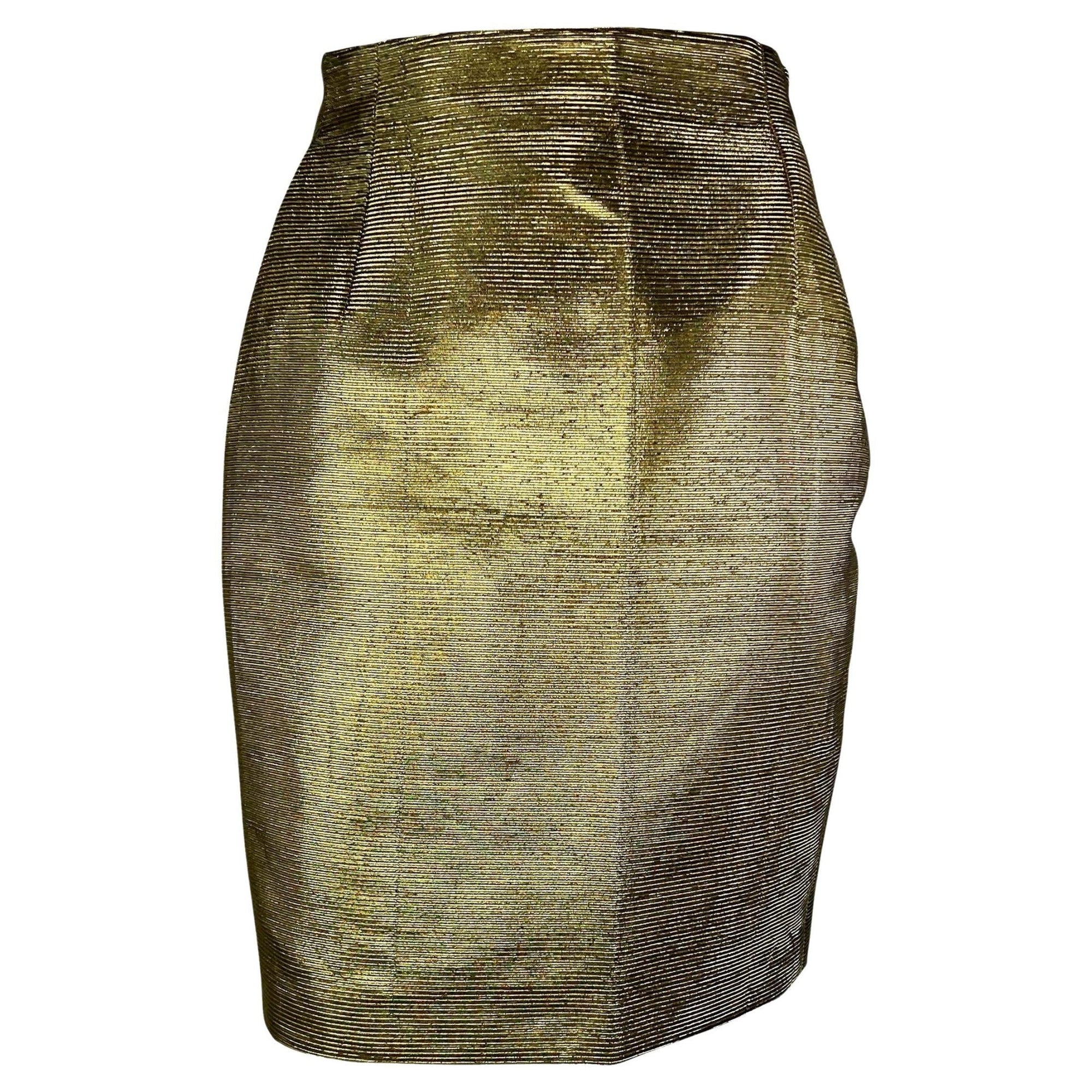 F/W 1994 Gianni Versace Gold Ribbed Lurex Medusa Cropped Jacket Skirt Set - RealList