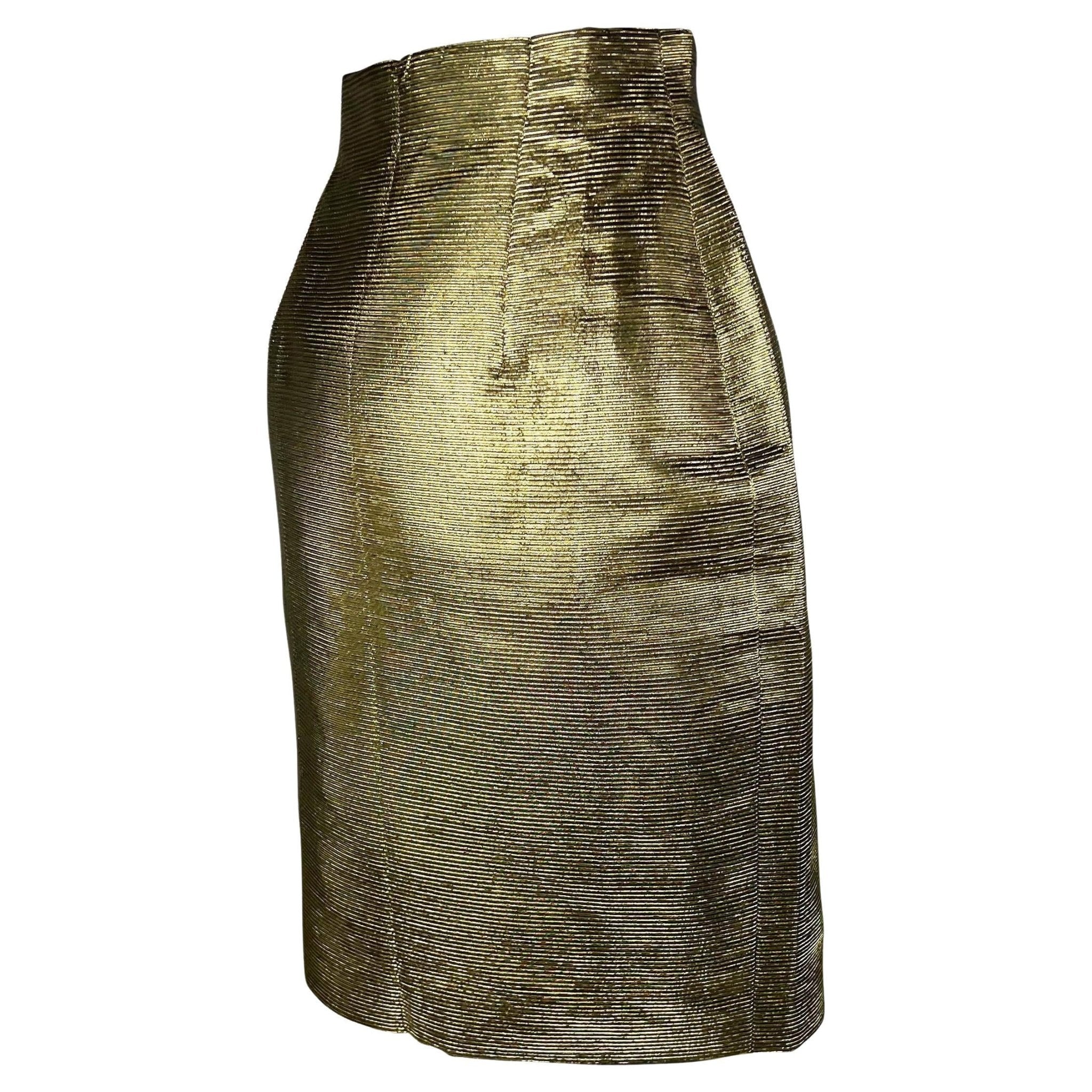 F/W 1994 Gianni Versace Gold Ribbed Lurex Medusa Cropped Jacket Skirt Set - RealList