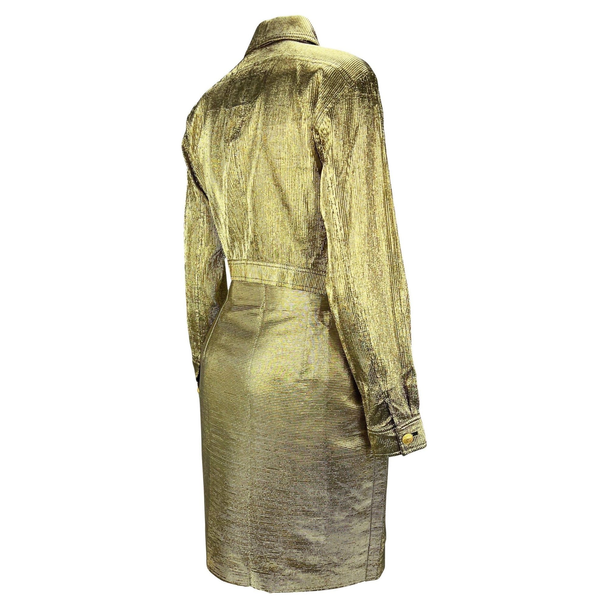 F/W 1994 Gianni Versace Gold Ribbed Lurex Medusa Cropped Jacket Skirt Set - RealList