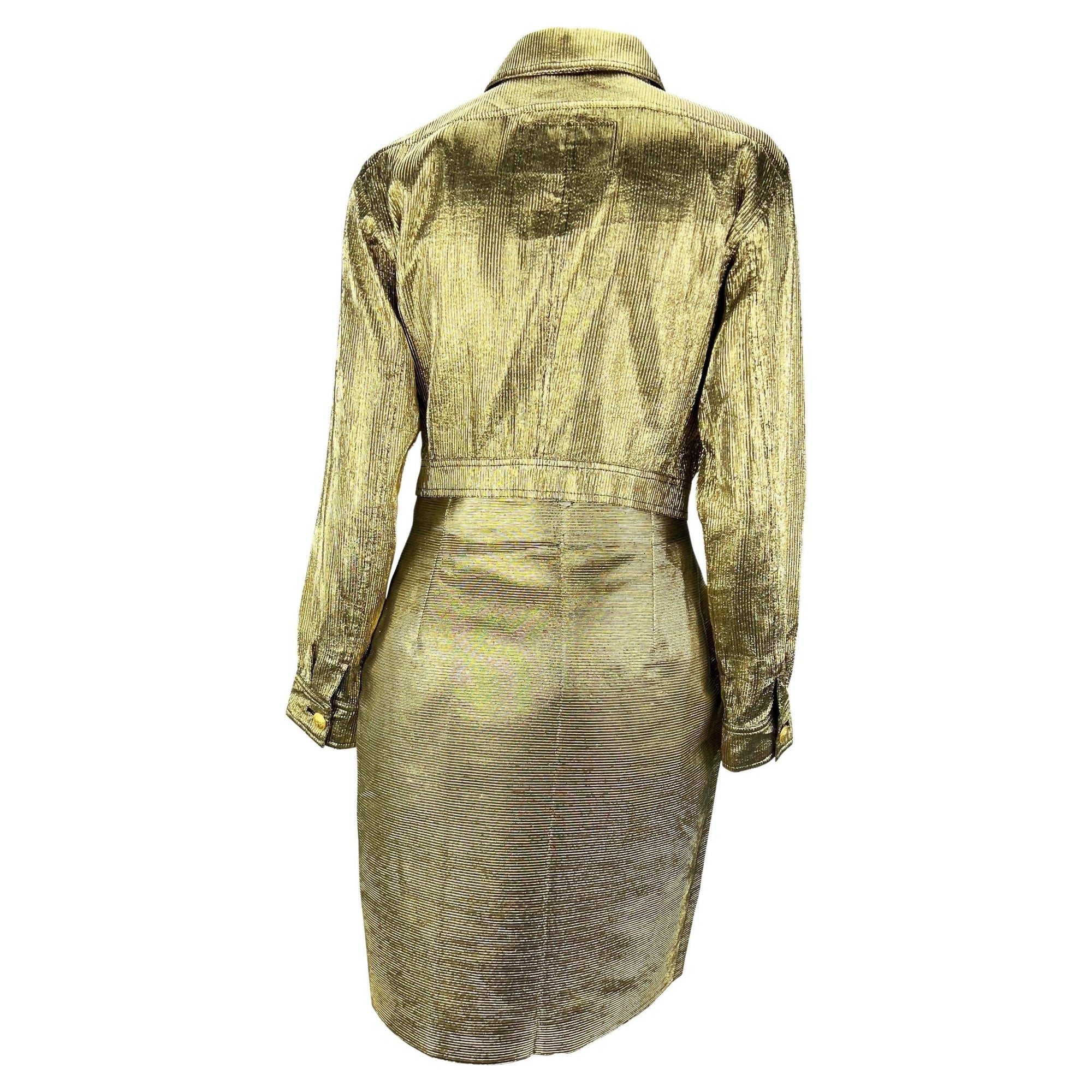 F/W 1994 Gianni Versace Gold Ribbed Lurex Medusa Cropped Jacket Skirt Set - RealList