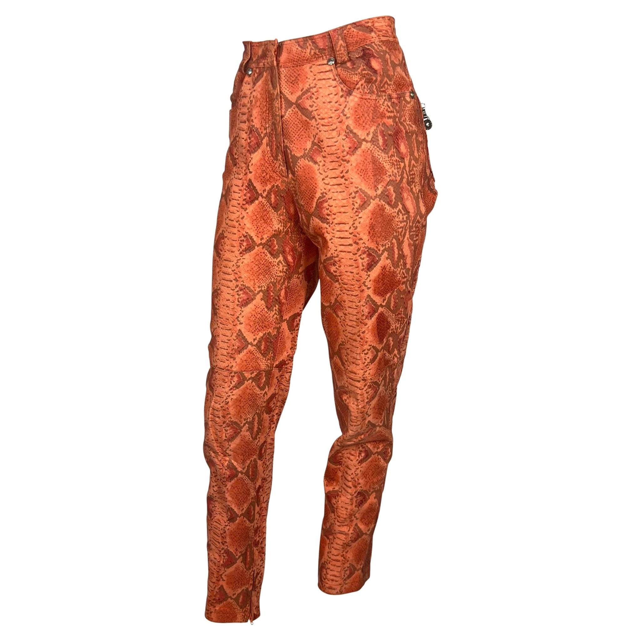 F/W 1994 Gianni Versace Orange Red Faux Snakeskin Medusa Biker Jacket Pant Set - RealList