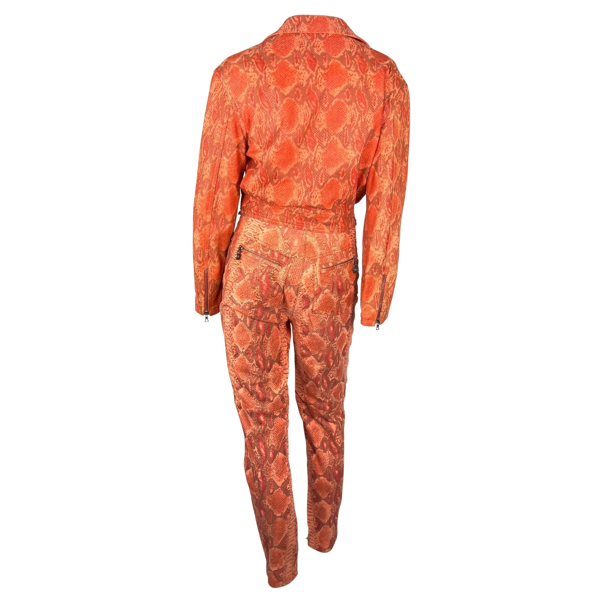 F/W 1994 Gianni Versace Orange Red Faux Snakeskin Medusa Biker Jacket Pant Set - RealList