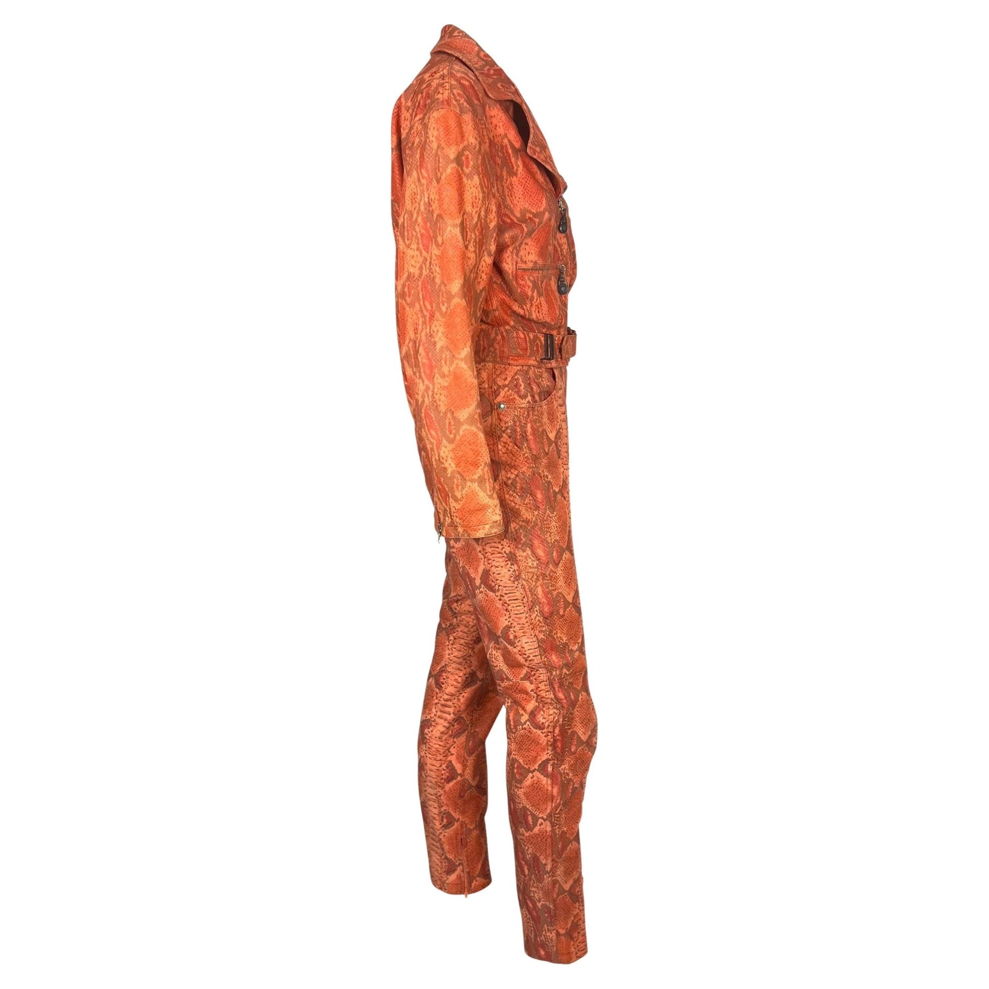 F/W 1994 Gianni Versace Orange Red Faux Snakeskin Medusa Biker Jacket Pant Set - RealList