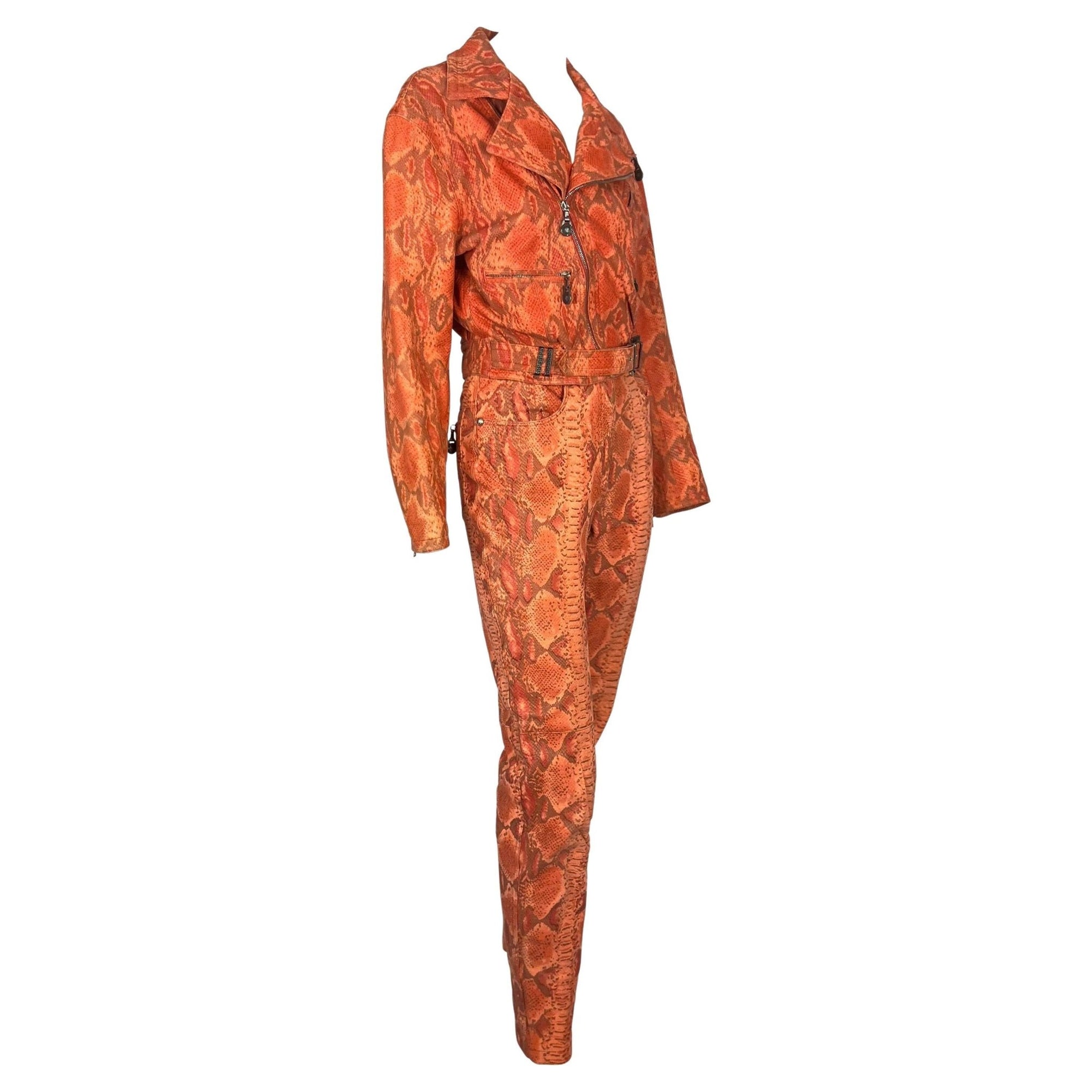 F/W 1994 Gianni Versace Orange Red Faux Snakeskin Medusa Biker Jacket Pant Set - RealList