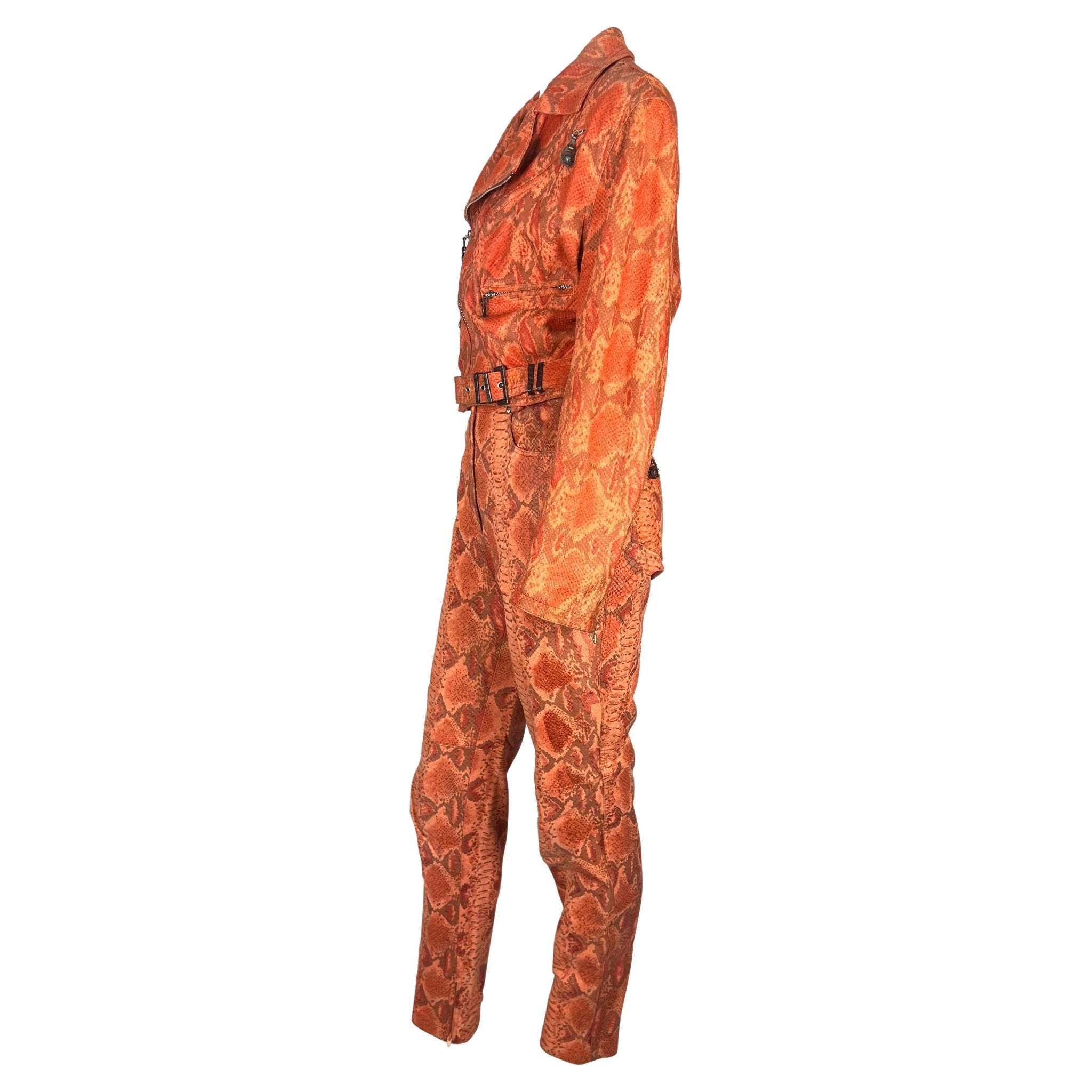 F/W 1994 Gianni Versace Orange Red Faux Snakeskin Medusa Biker Jacket Pant Set - RealList
